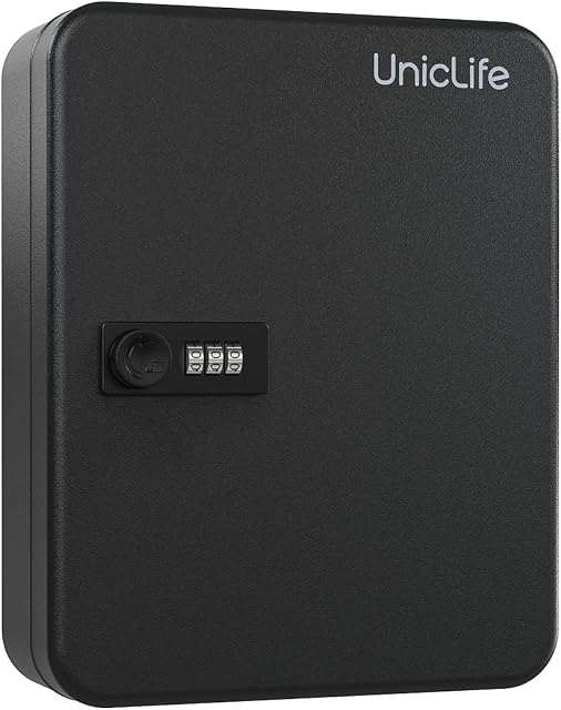 Uniclife 48-Key Steel Key Cabinet with Combination Lock Wall Mounted Key Organizer with Resettable Code Black Digital Security Box with Hooks and Key Tag Labels Identifiers in 9 Assorted Colors