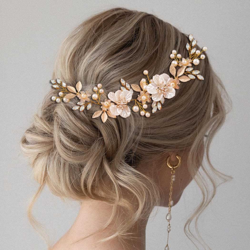 JONKY Flower Bridal Hair Vine Gold Leaf Headpiece Pearl Wedding Hair Accessories for Women