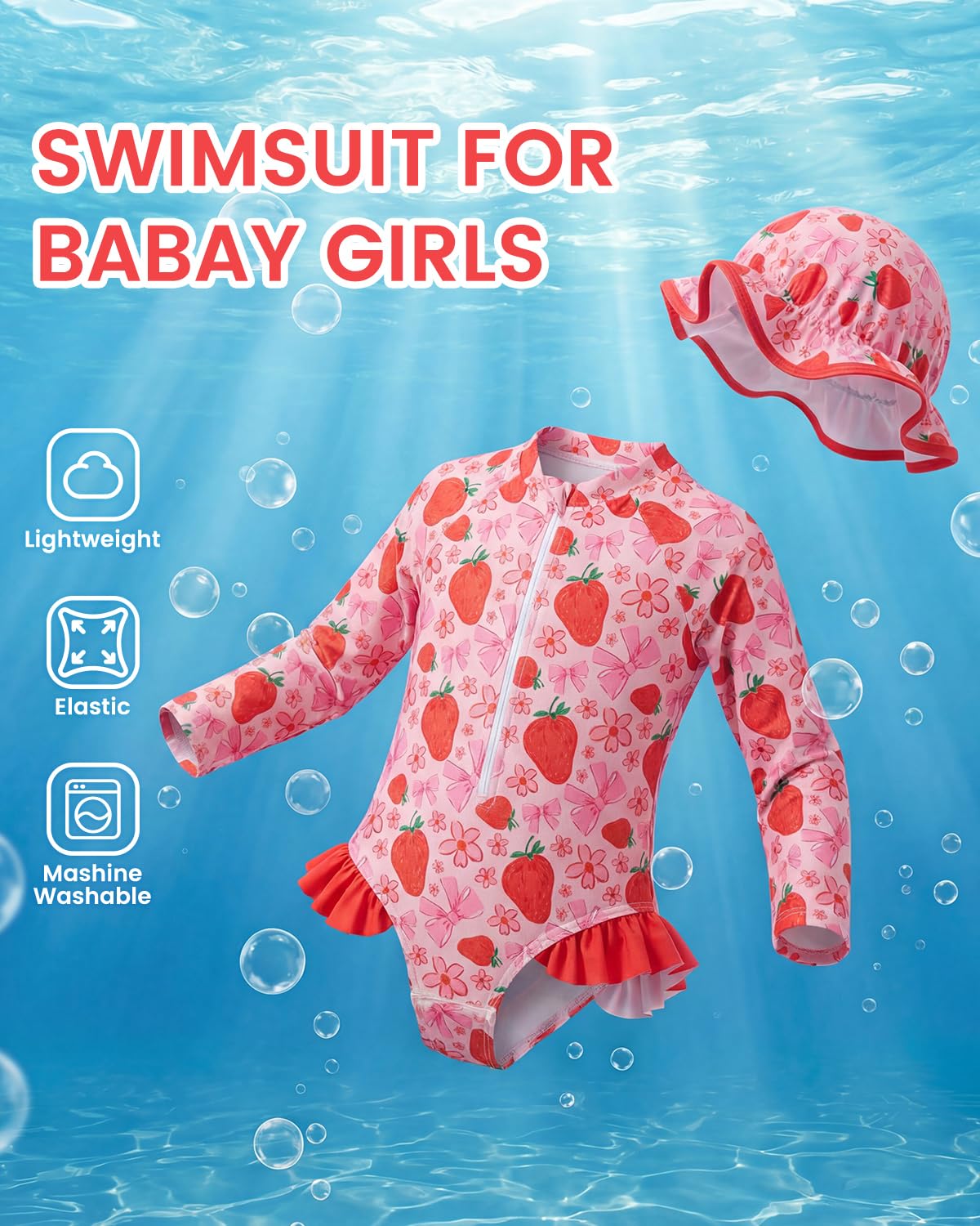 JiAmy Costume da bagno per bambina, con cappello da sole, a maniche lunghe, protezione UV, costume da bagno