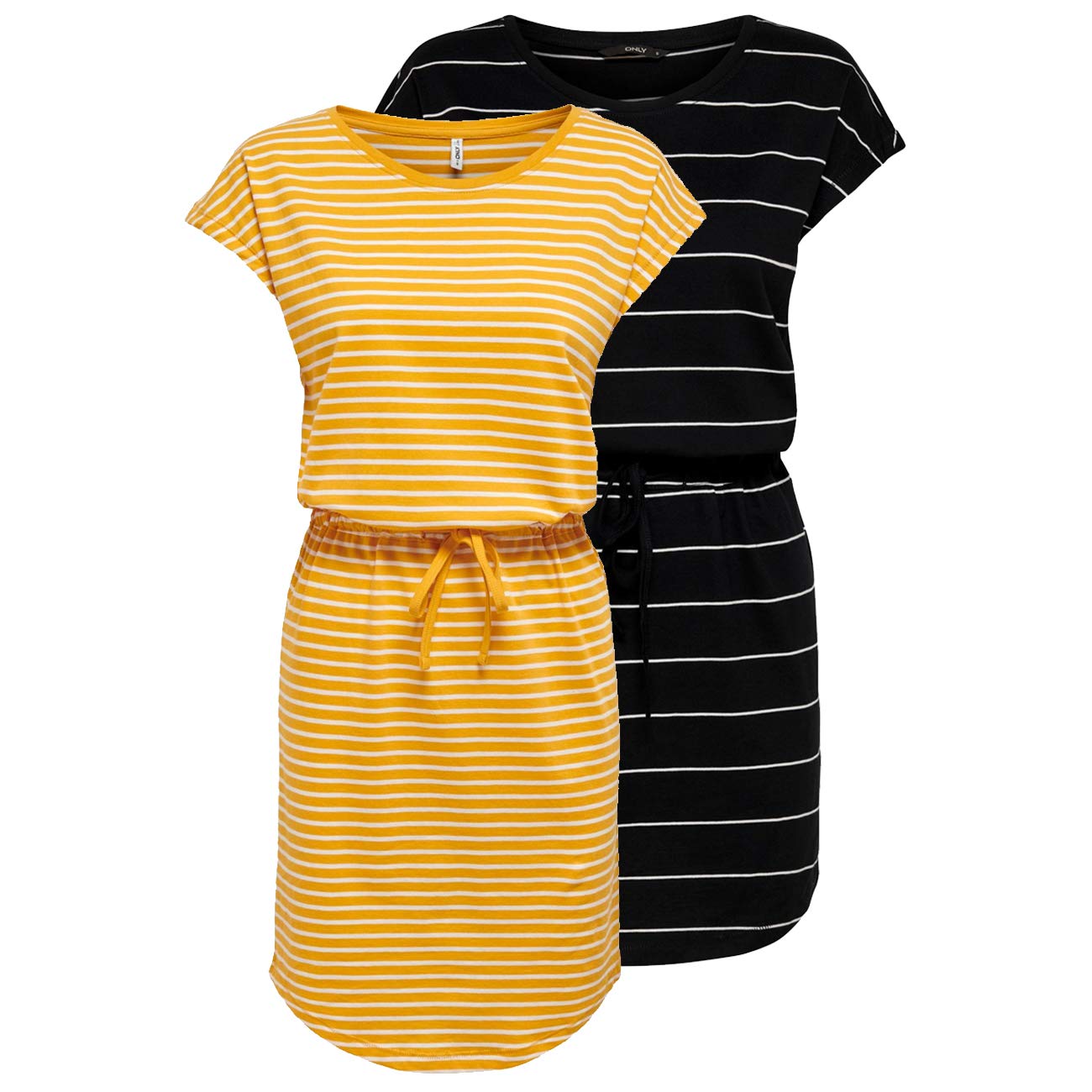 ONLY Damen Sommer Mini Kleid onlMAY S/S Dress 2er Pack XS S M L XL XXL Gestreift Schwarz 100% Baumwolle