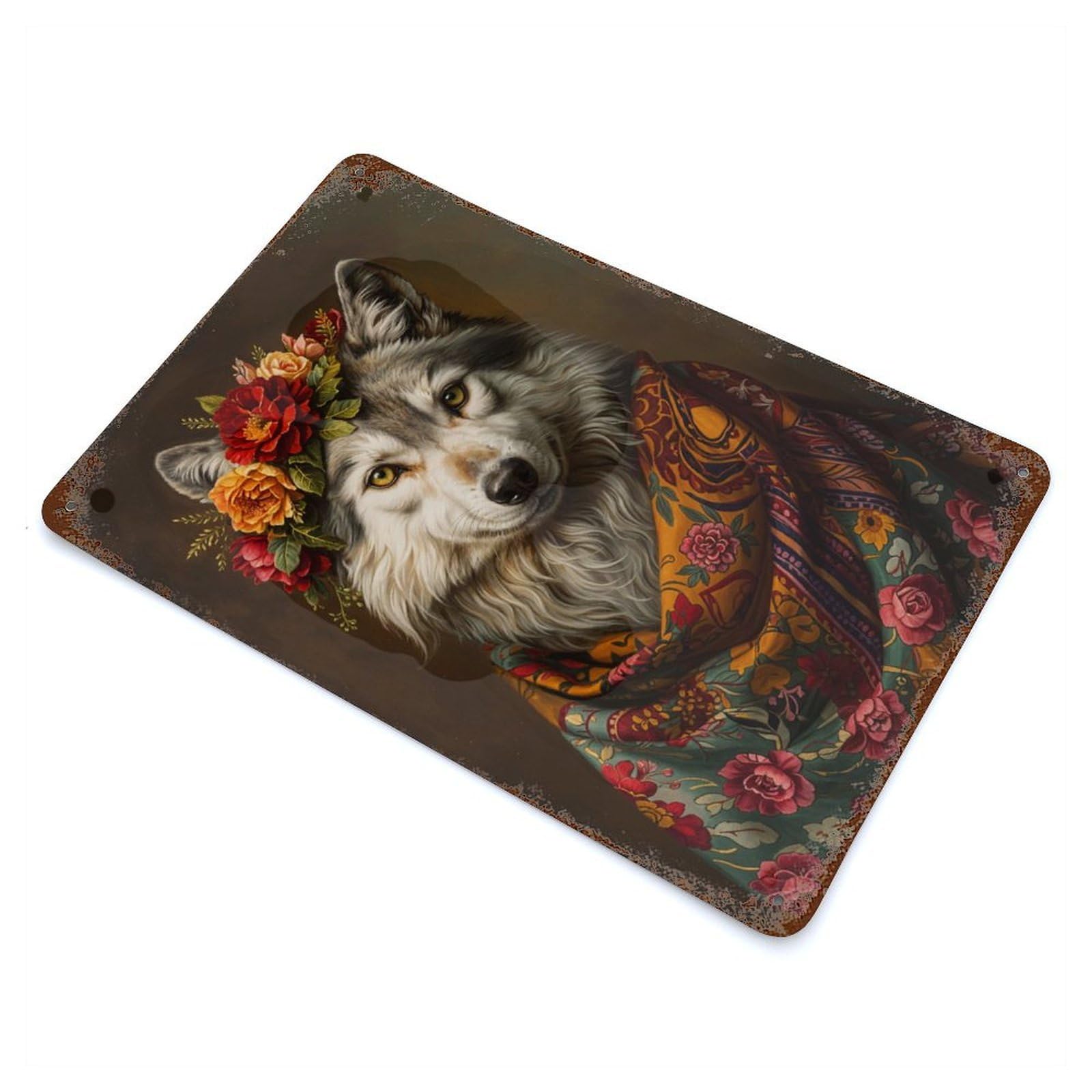 Aged Metal Wall Plaque with Wolf with Flowers Design 11.8"x7.9", for Cafe, Home Bar And Lounge Decor, Novelty Wall Decor