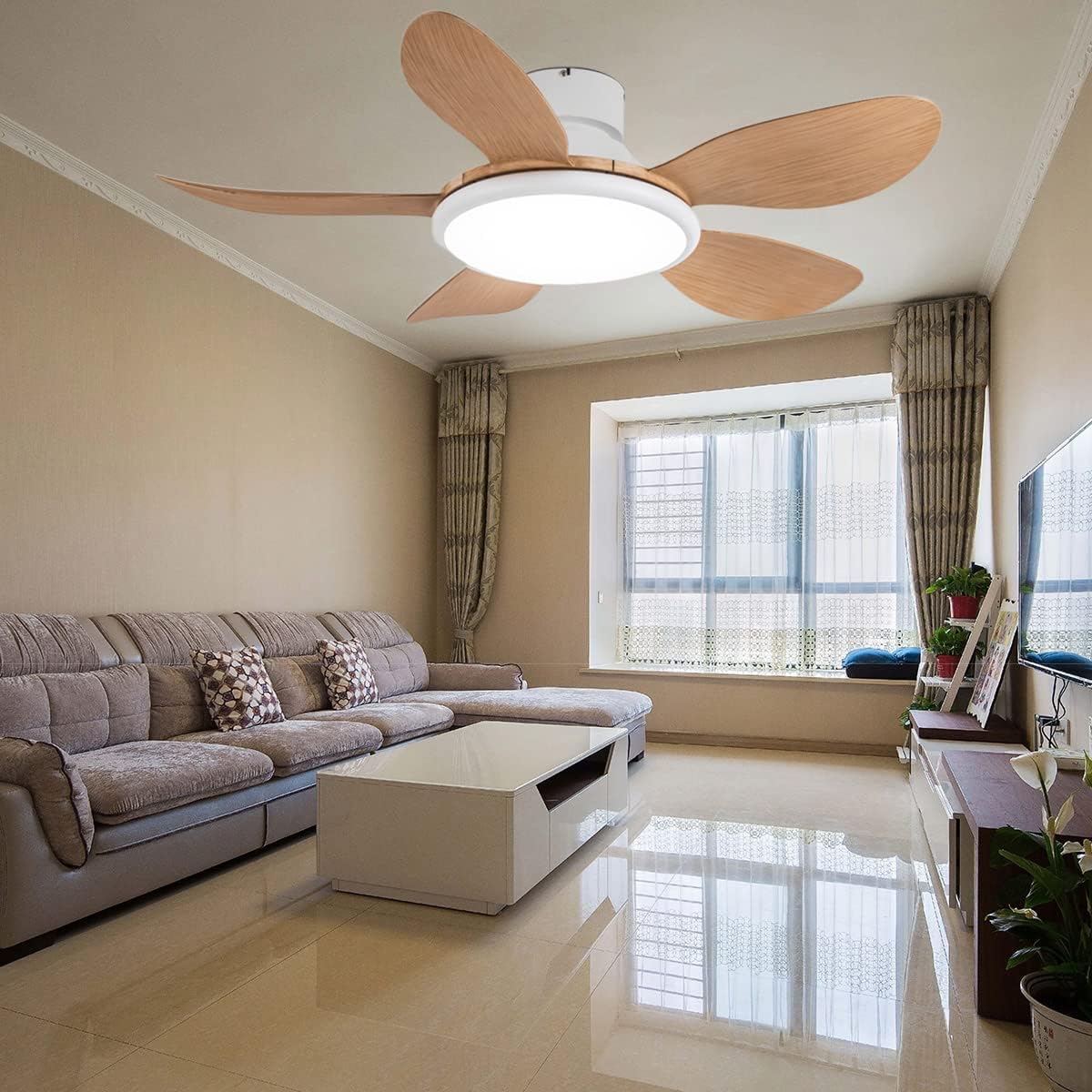 YUEGOO Quiet Ceiling Fans with Lights and Remote Control Led Dimmable Ceiling Fans with Lamps Reversible Silent Motor 6 Speed Fan Lights for Living Room/Wood Grain White/36In