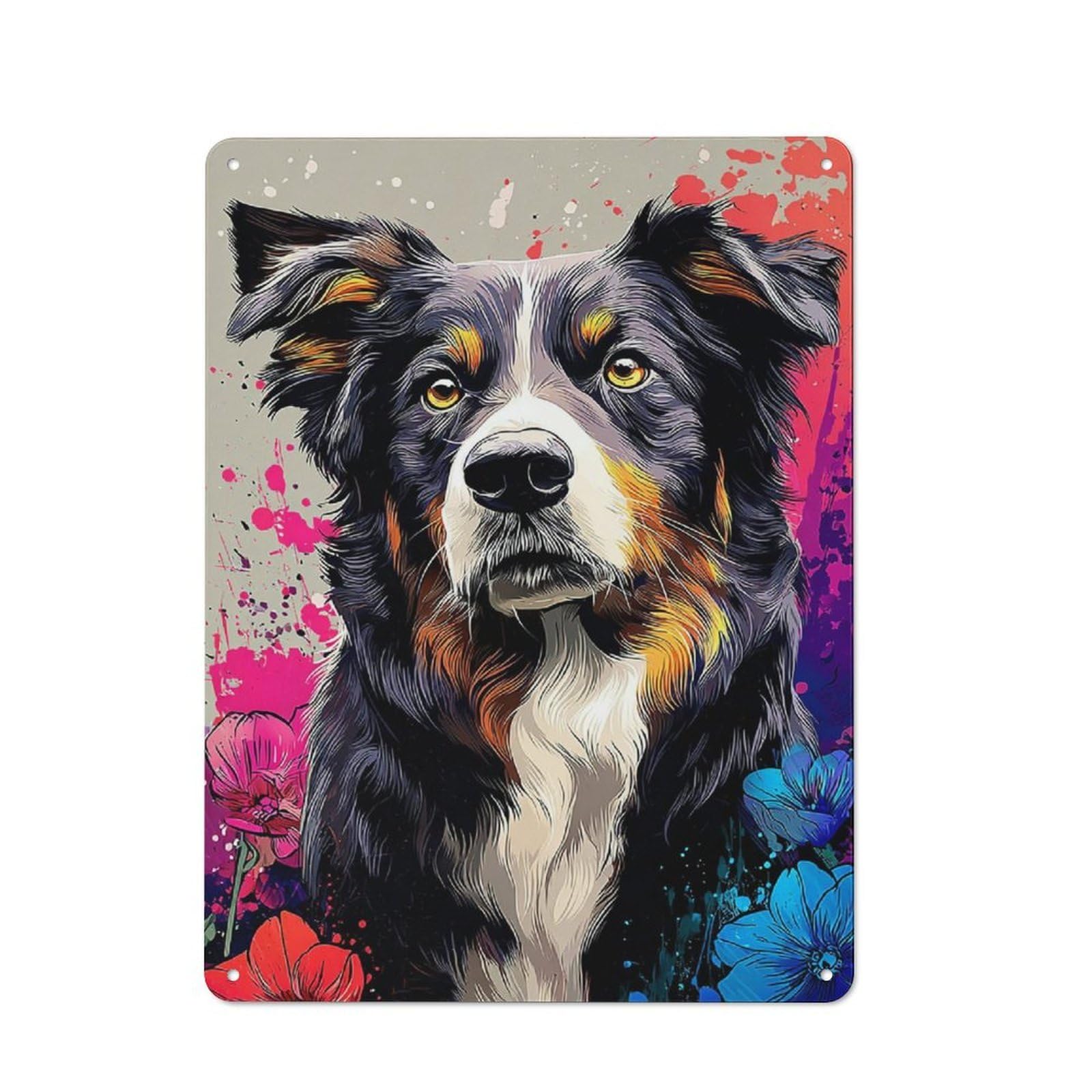 Junmoney Colorful Dog Portrait With Flowers Industrial-Style Metal Plaque 40X30cm For Hallway Wall, A Winter Wall Decor Update For Hallway Decor Lovers