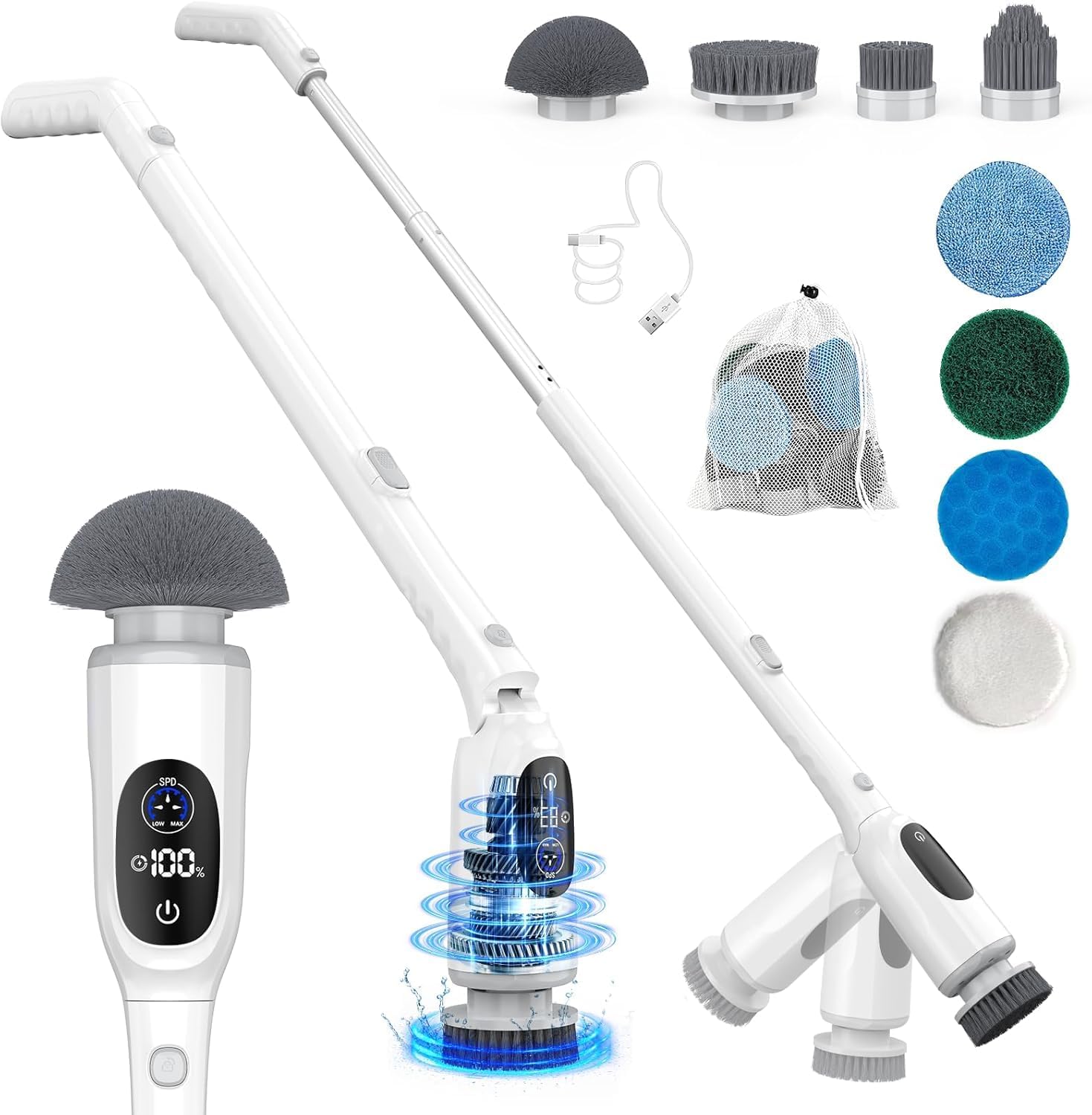 Photo 1 of Electric Spin Scrubber, 200Mins Runtime Bathroom Scrubber with 3-Speed & LCD Display, Full-Body IPX7 Shower Scrubber with 8 Heads for Bathtub Kitchen Floor Grout, 53IN Extendable Handle