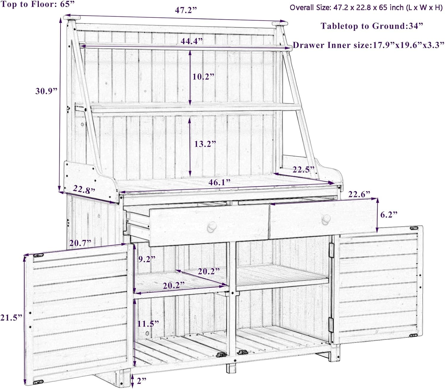 65inch Garden Potting Bench Table with Storage, Outdoor Fir Wood Workstation with Storage Shelf, Drawer and Cabinet, Brown