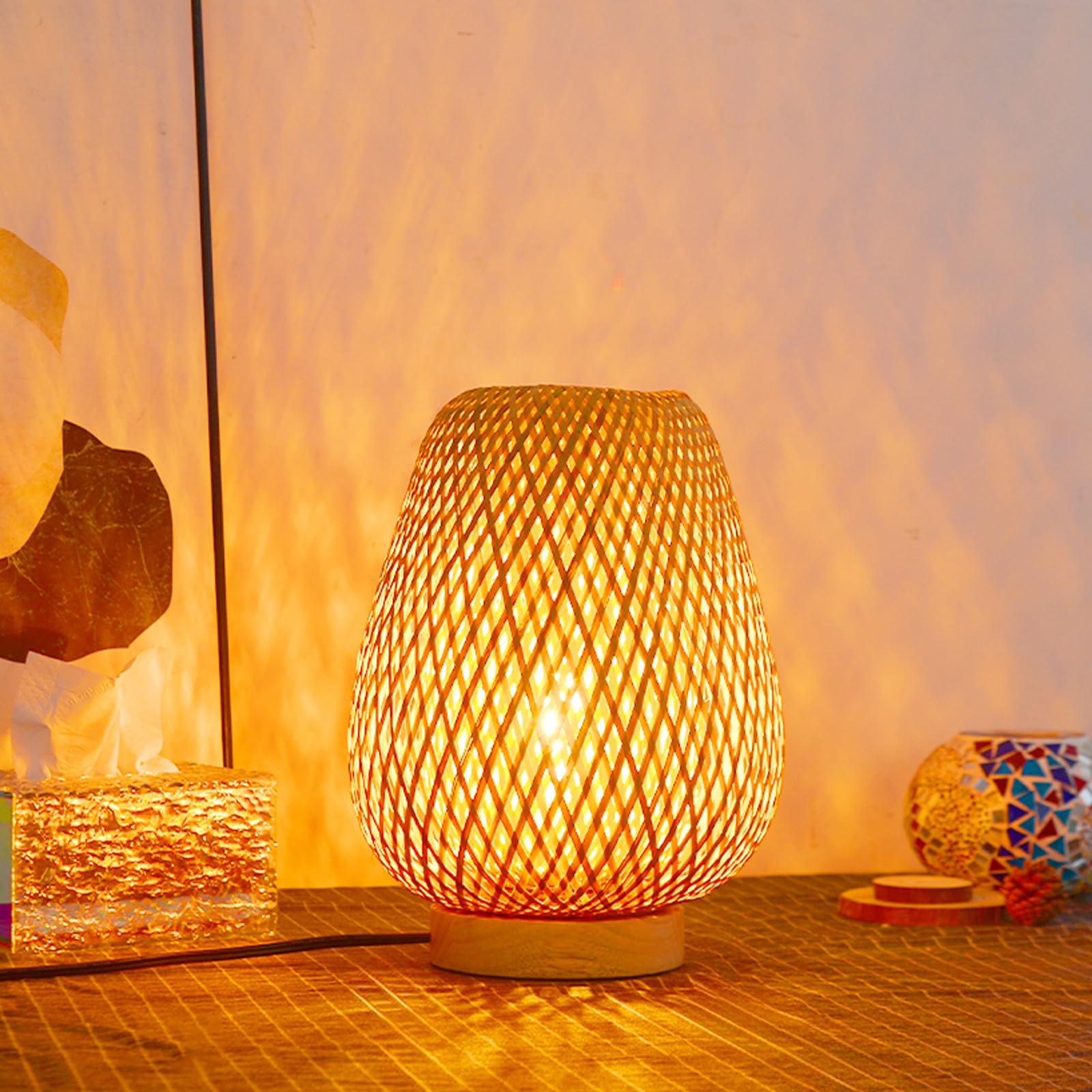 WalmHomie Handmade Bamboo Table Lamp, Wicker Woven Plug-in Desk