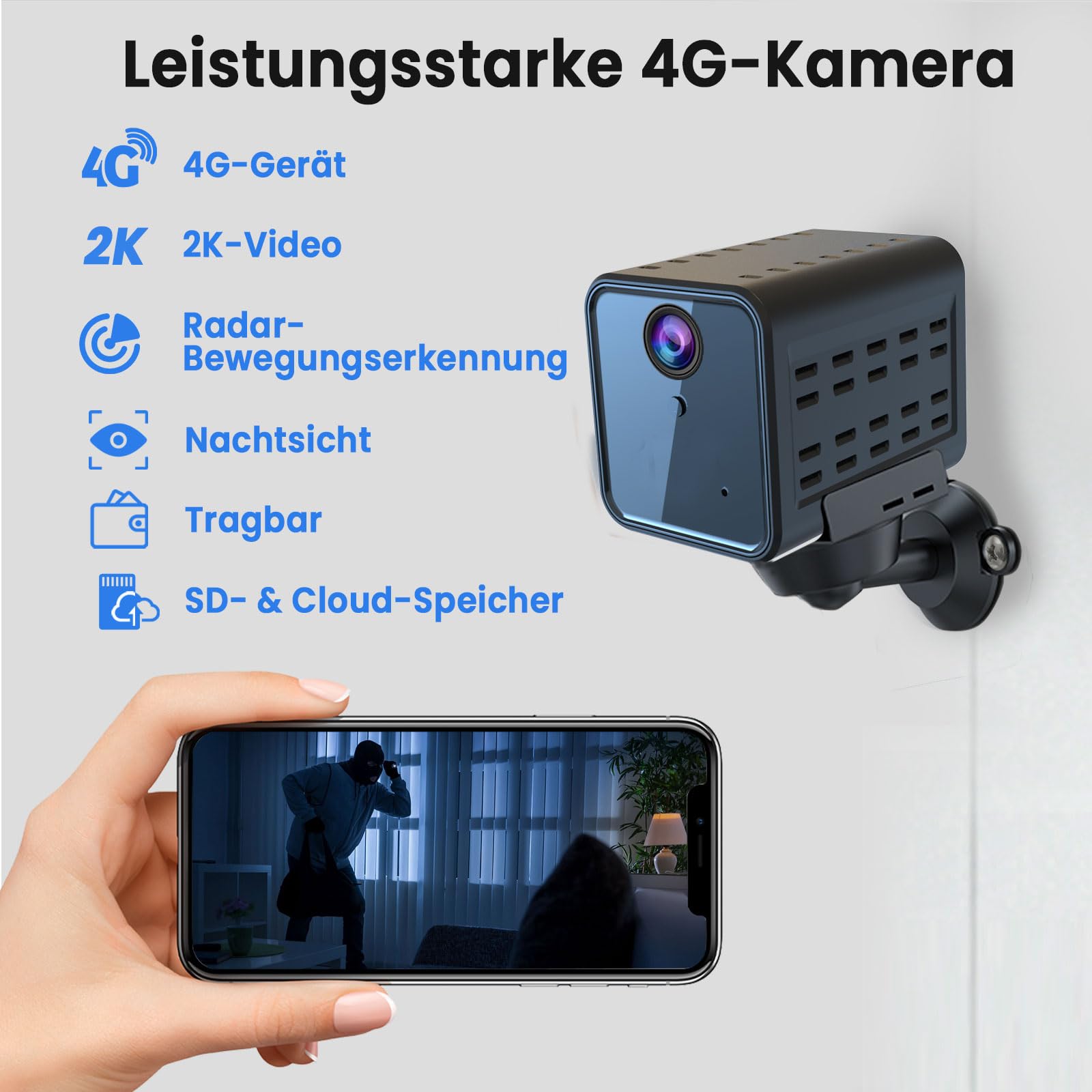 aidowocam Mini Kamera Außen,4G fensterkamera,Kamera Überwachung aussen, 2400 mAh Akku-Kamera, 2K Überwachung Innen,Live Übertragung SIM Karte, Radar Bewegungsmelder Nachtsicht