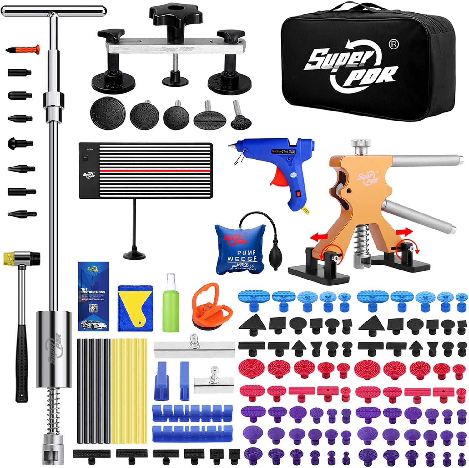 Super PDR Paintless Dent Repair Kit 148PCS Dent Puller Kit with LED Light Board Can Removal 99% of Car Dents in 30 Minutes for Repair Work of Big Dents