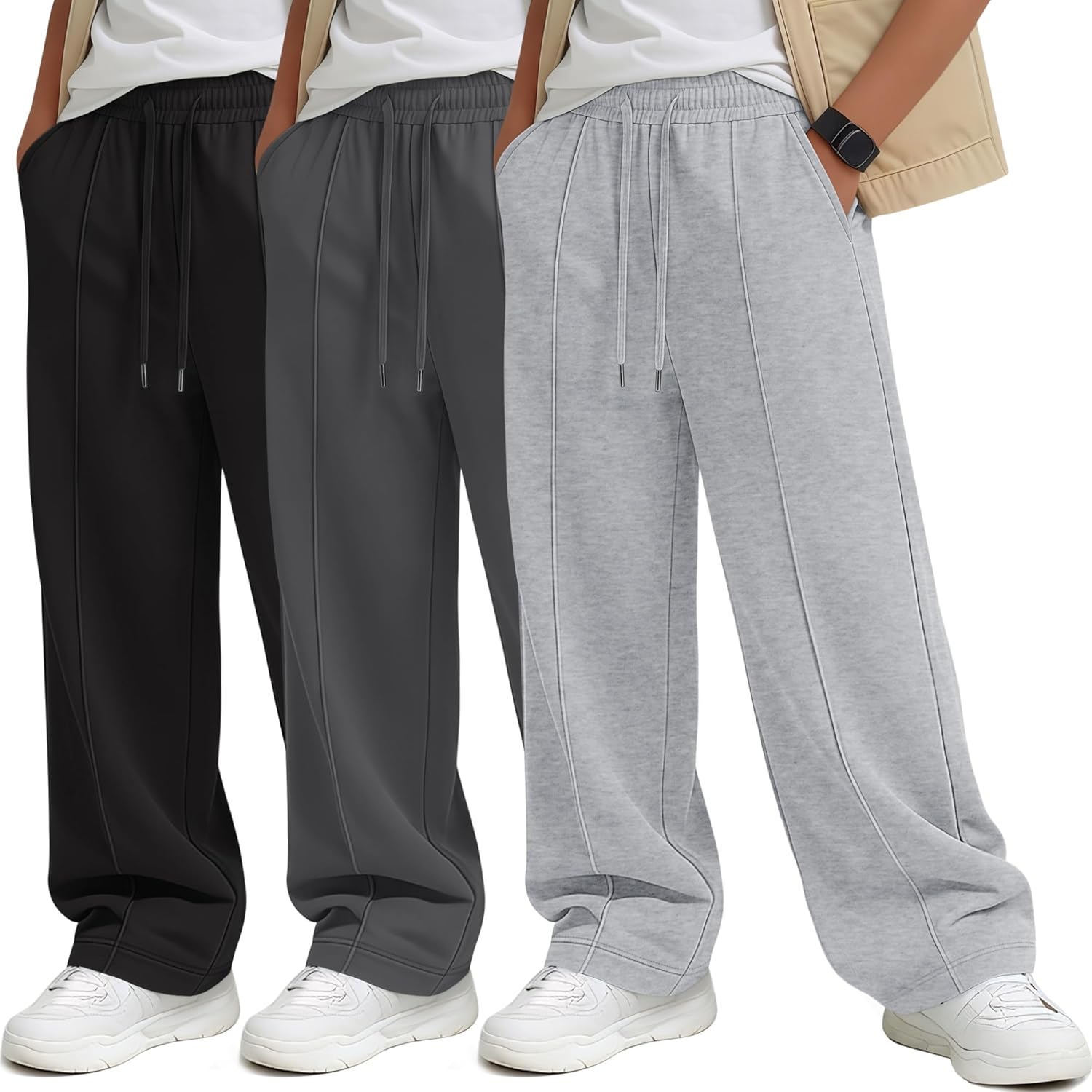 3 Pack Boys Sweatpants Baggy Wide Leg Sweat Pants with Pockets Athletic Elastic Waist Joggers for Kids Size 5-14