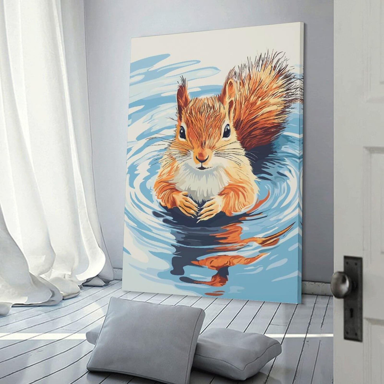 Junmoney Squirrel Swimming in Water Illustration Hanging Wall Art, 20x30inch(50x75cm), for Home Walls, Creative Rooms Or Shared Spaces, A Flexible Wall Accent for Shared Spaces
