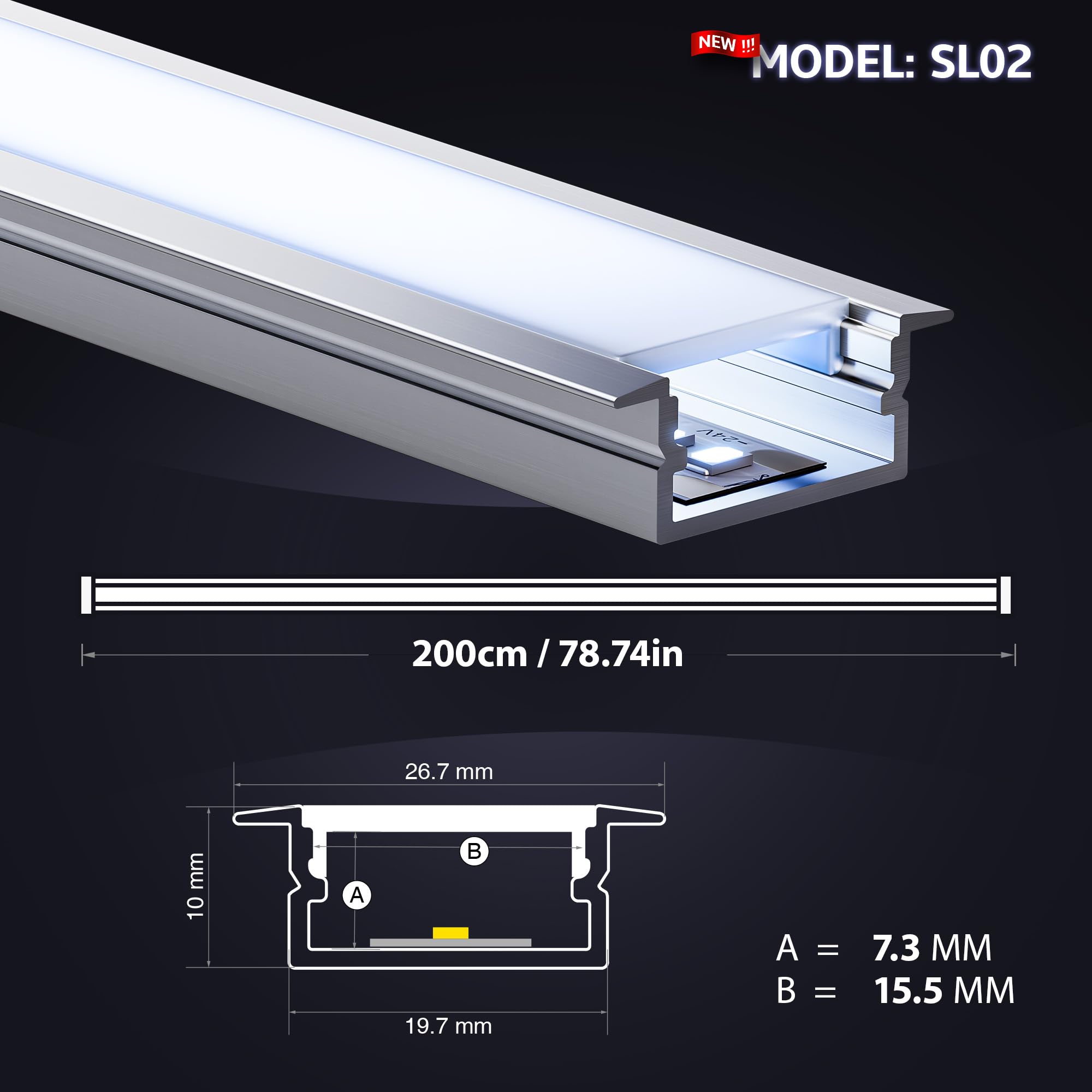 Profil aluminiowy LED, 2 m, 6 sztuk – listwa z dyfuzorem | do taśm LED do 15 mm, rozmiar 26,7 × 10 mm | w zestawie zaślepki, śruby i klipsy montażowe (2 m, 26 sztuk)