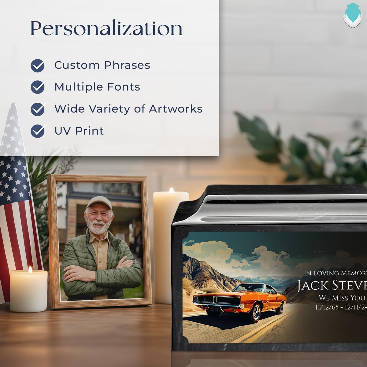 GetUrns Legacy Adult Mackenzie Cultured Marble Cremation Urn for Human Ashes I Black & White Classic Car Urns for Male and Female I 210lbs