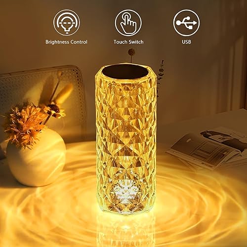Miniatura 4 de Lámpara de mesa de cristal, lámpara de mesita de noche moderna al tacto, 3 colores cambiantes, lámpara de mesa de rosa recargable por USB, luz de