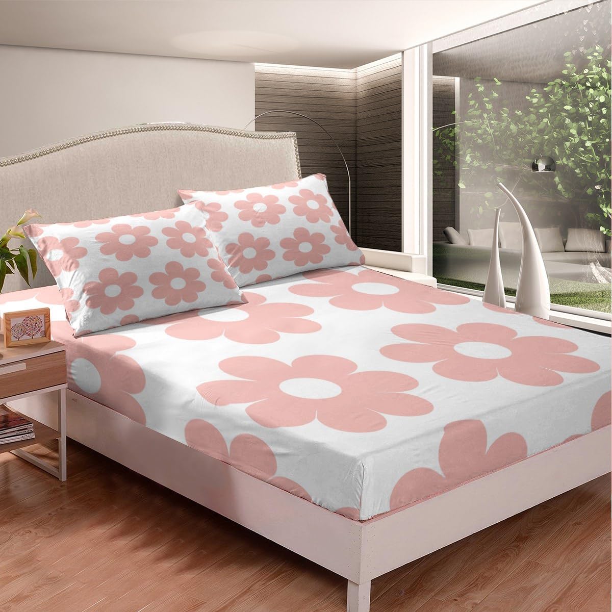 Manfei Girly Pink Bed Sheet Queen Set,70s Groovy Daisy Flowers Sheets Sets Boys Girls Bedroom Decor,Cute Cartoon Floral Bedding Set with Flat,Fitted Sheet,2 Pillow Cases