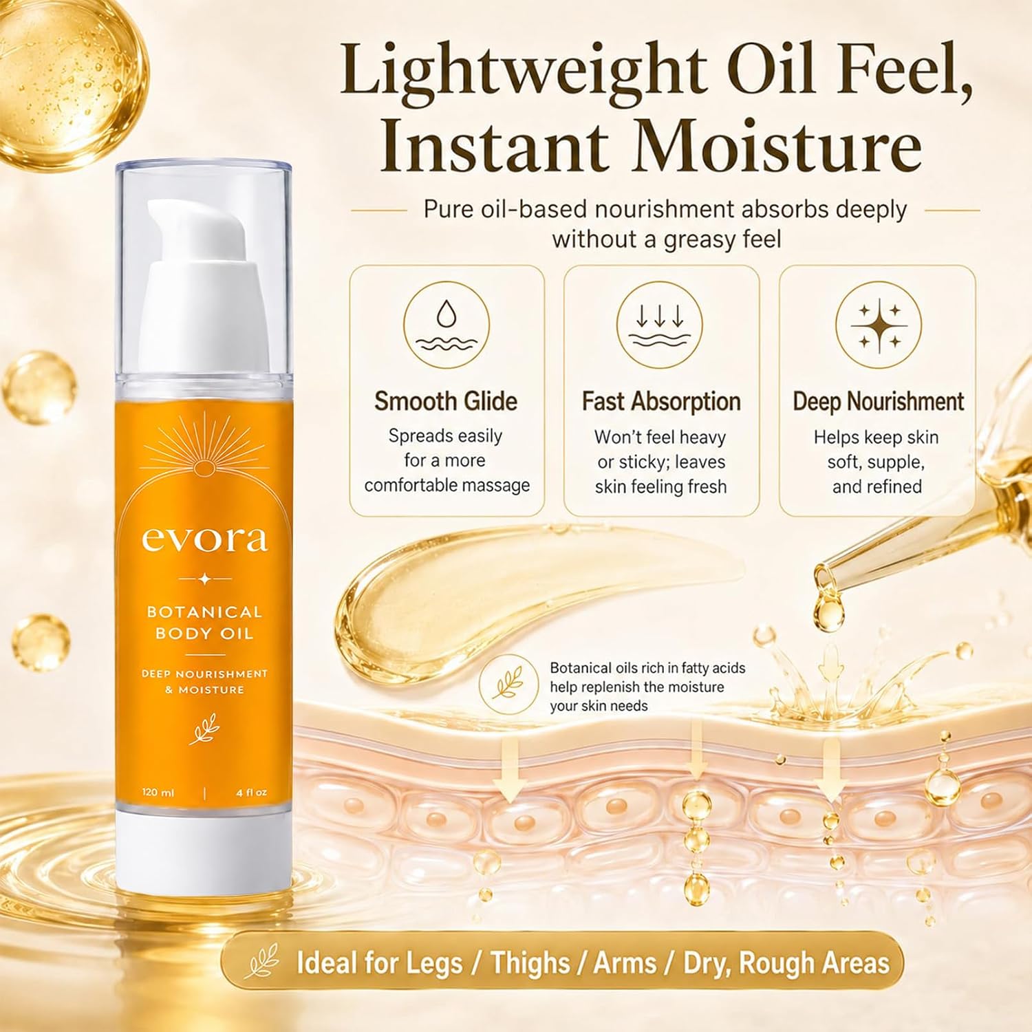 Evora Botanical Body Oil, Wakame Algae, Brazil Nut & Passionflower Seed Oils, Lightweight Firming Massage Oil for Smoother-Looking Skin & Cellulite Appearance, Non-Greasy Hydrating Body Oil, 4 Fl Oz