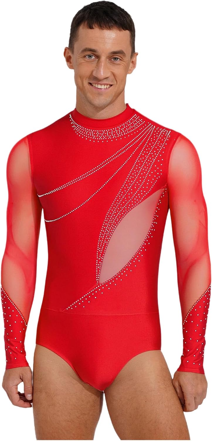 FEESHOW Men's Glittery Bodysuit Figure Skating Bodysuit Gymnastics Leotards Latin Dance Costume Unitards