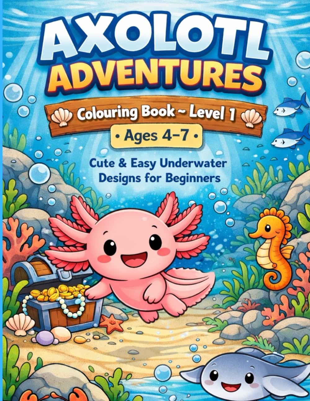 Axolotl Adventures Colouring Book Level 1: Cute & Easy Underwater Designs for Beginners (Ages 4–7)