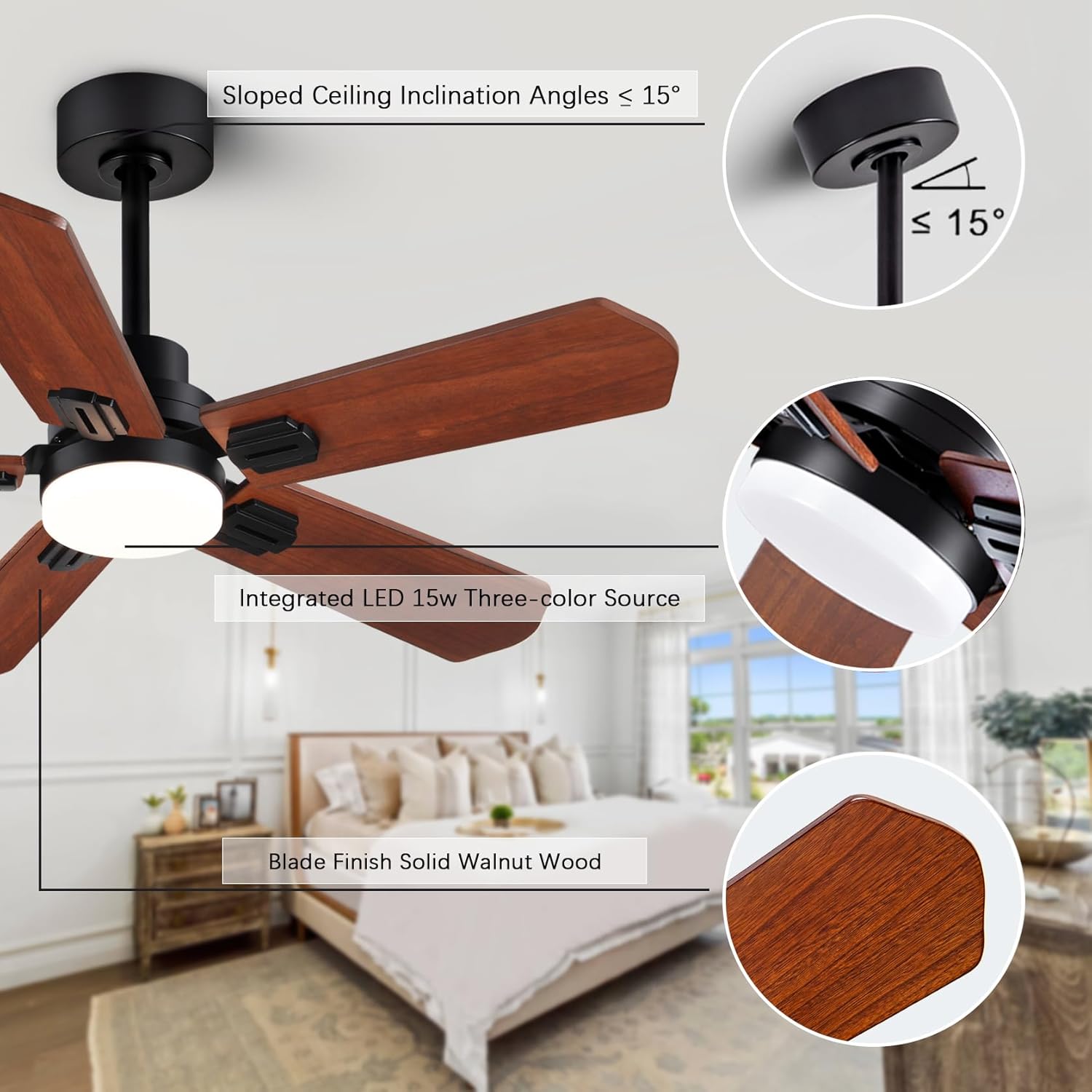 52” wood ceiling fans with light and remote control, silent reversible dc motor, walnut/black 5 blades, 6 speeds, indoor/outdoor ceiling fan for dining room, living room and pavilion courtyard