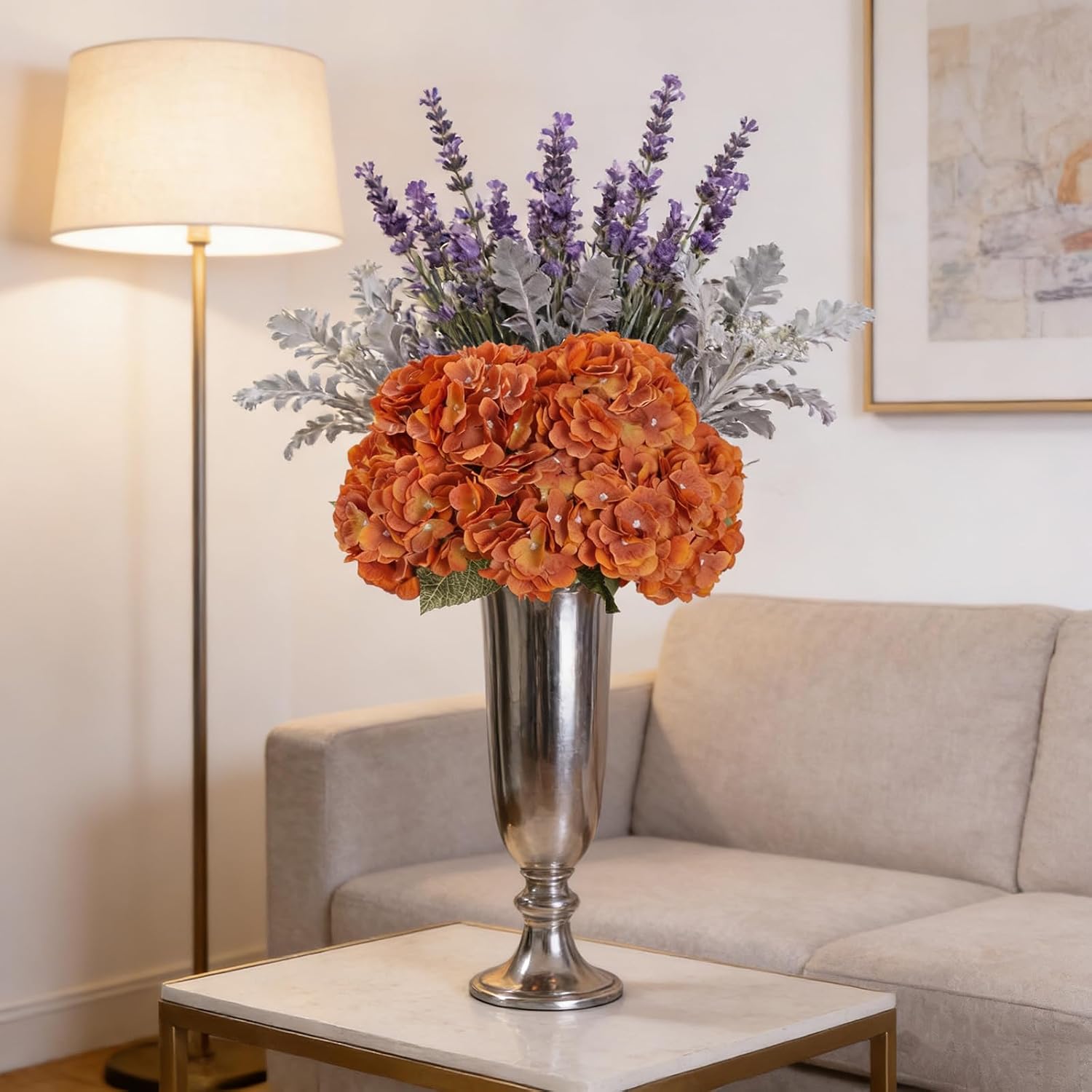 Kimura's Cabin 2 Bouquets Faux Hydrangeas Flowers with Stems Leaves,Orange image 3
