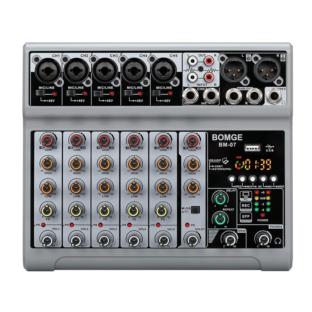 BOMGE - Console di Mixaggio Audio, Mixer Sound Board con 7 Canali Digitali USB Bluetooth, Effetto Echo Ritardo, Alimentazione Phantom 48 V, Mixer DJ Stereo per Registrazione, Live Streaming