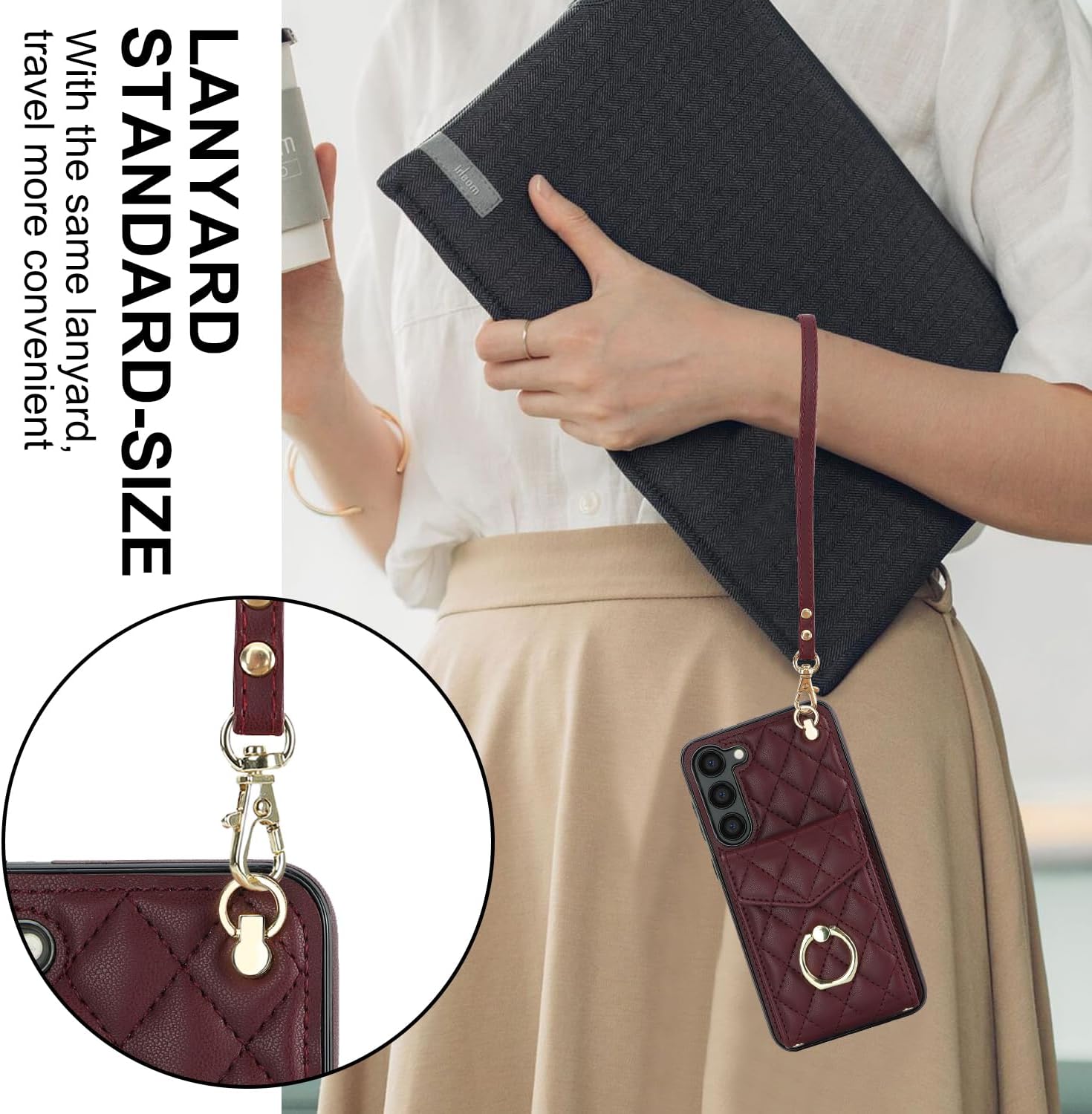 Asuwish Phone Case for Samsung Galaxy S23 5G Wallet Cover with Tempered Glass Screen Protector and Wrist Strap Ring RFID Blocking Card Holder TPU Cell S 23 23S GS23 G5 SM-S911U 6.1 inch Women Wine Red