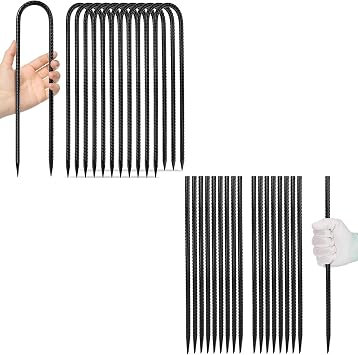 Homwin 12 inches 12-Pack Trampoline Stakes Black and Homwin 16 inches Rebar Stakes 18-Pack Black Bundle