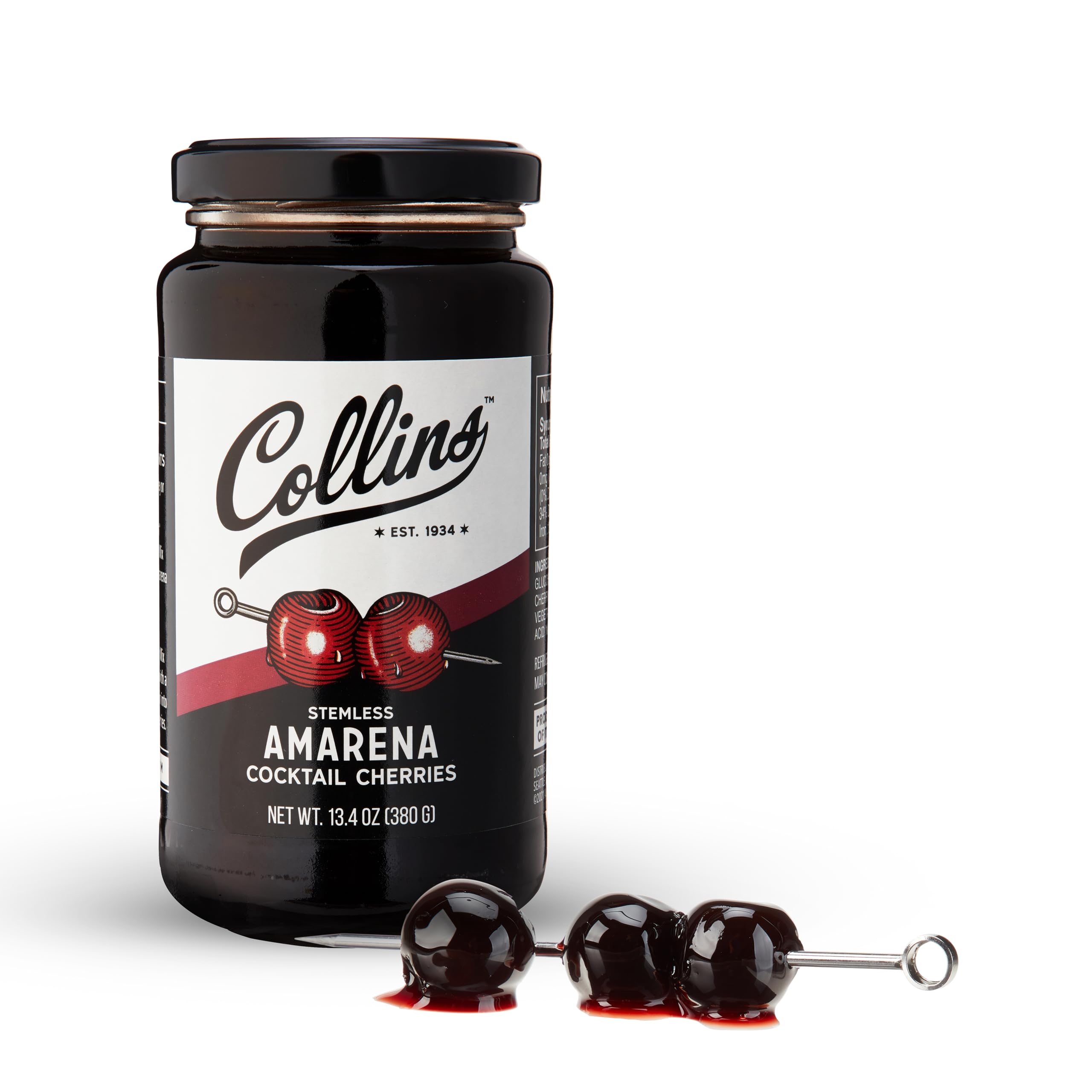 Collins Amarena Cherries in Syrup | Premium Garnish for Cocktails, Martinis, Old Fashioned, Manhattan, Chocolate, Dessert, Bourbon Accessories, 13.5oz