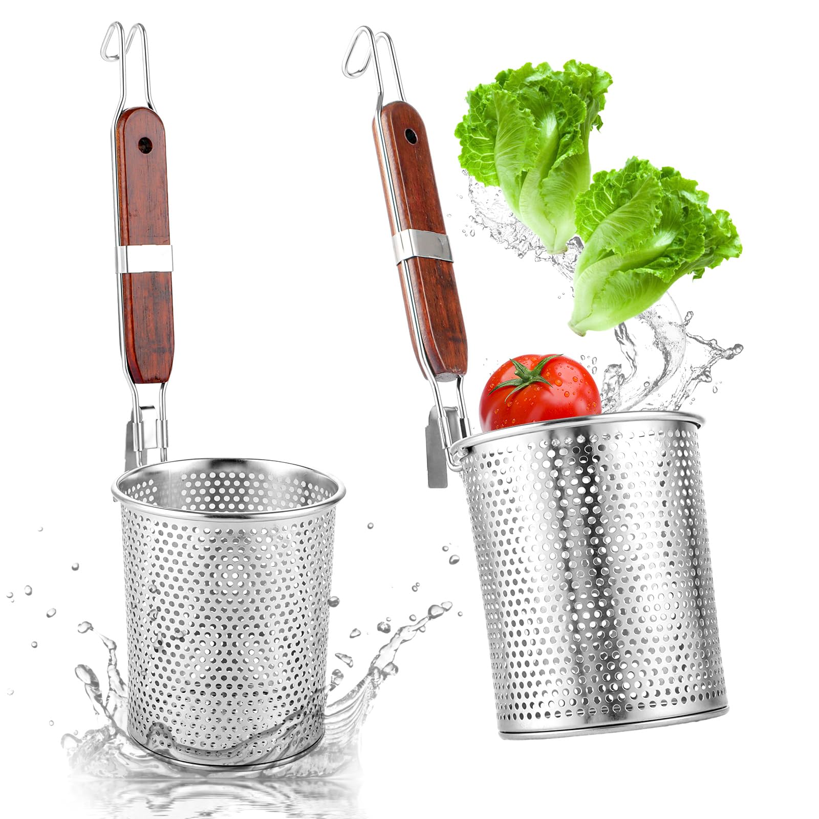 Manden voor pasta, zeef voor pasta van roestvrij staal, filter voor levensmiddelen in spinnenvorm van net, houten handvat voor het spoelen van pasta, pasta