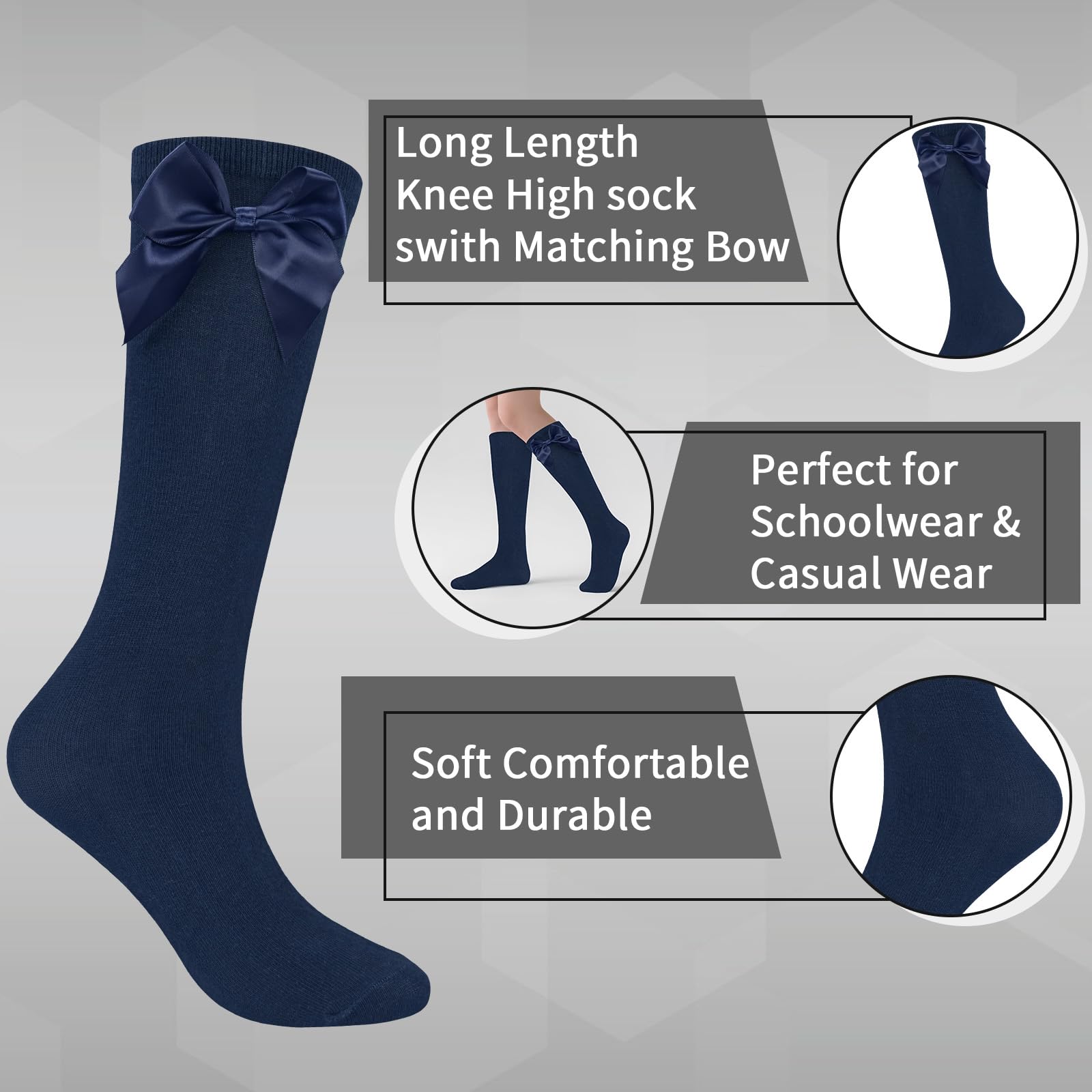 3 pares de calcetines hasta la rodilla para niñas con lazo de cintas esponjosas, calcetines largos de rodilla para la escuela secundaria