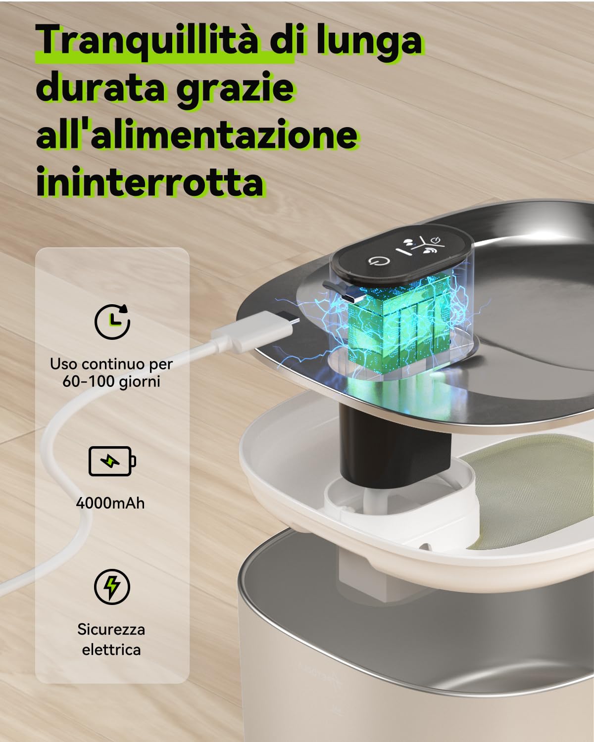 Fontana per Gatti Senza Fili con Rilevatore di Movimento, APETDOLA 4L Fontanella in Acciaio Inossidabile Cordless con Batteria 4000 mAh, Fontana Ultra Silenziosa per Gatti FS10pro (Nero, 1 filtri)