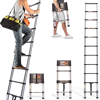 10.5ft/3.2m Telescoping Ladder Stainless Steel Telescopic Extension Tall Multi Purpose Loft Attic Straight Ladder Folding Climb DIY Ladder for Loft Attic, 330lbs Load Small Gift