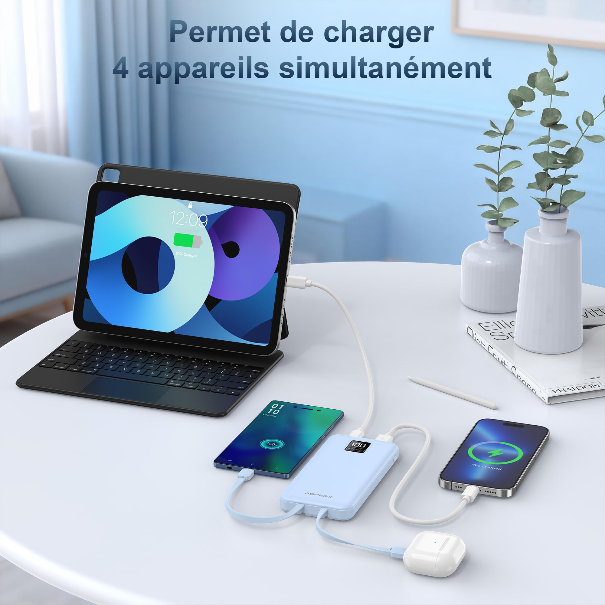 AsperX Powerbank - Batería externa (2 unidades, 10000 mAh, cable USB-C, carga rápida) | Power Bank 4 en 1 con pantalla LED, USB C encendido y salida, batería compatible con iPhone Samsung, para viajes y acampadas