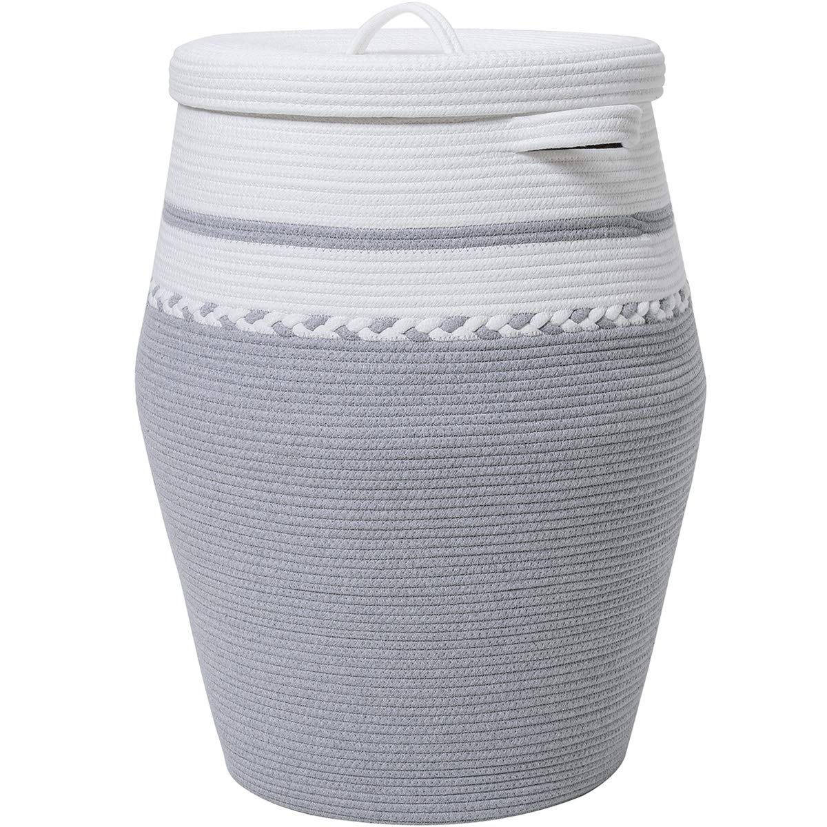 Photo 1 of 26" x 20" Tall Extra Large Storage Basket with Lid, Cotton Rope Storage Baskets, Woven Laundry Hamper with Cover, Toy Storage Bin, for Toys Blanket in Living Room, Baby Nursery, White/Grey White/Grey 26"x20"