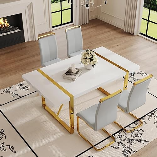 Miniatura 15 de Moderno juego de mesa de comedor para 4, juego de mesa de comedor dorado de 55 pulgadas con 4 sillas de piel sintética negra, mesa de madera negra