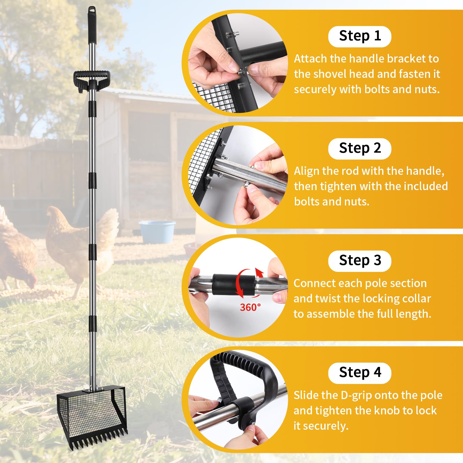 Pala per pollina 25,5 cm Paletta per letame di pollo 4 in 1 Setaccio in metallo regolabile con impugnatura ergonomica, lunghezza 89–190cm, utensile per pulizia del pollaio,separa feci,lettiera
