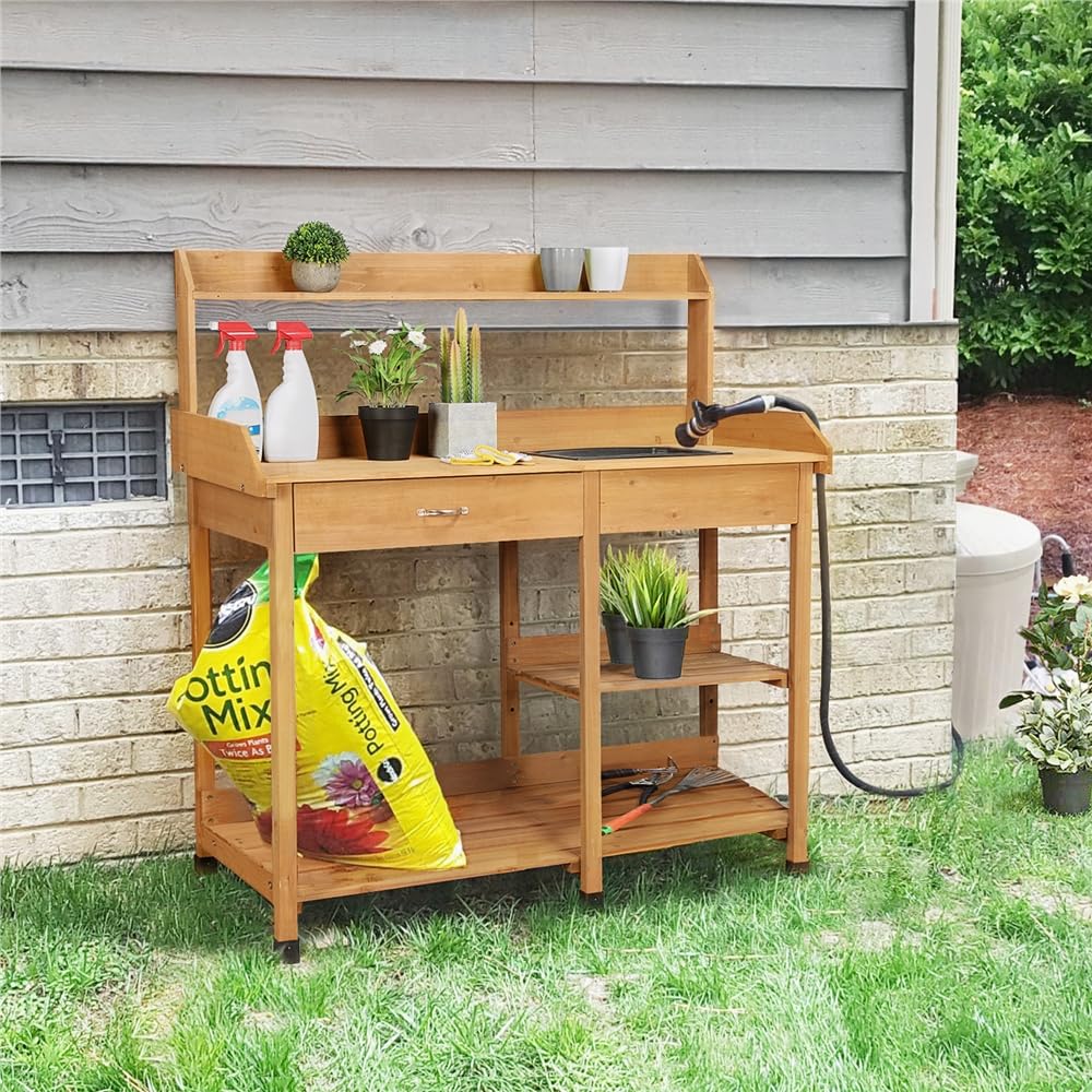Yaheetech Mesa de Jardinería Exterior, Mesa de Trabajo y Cultivo | de Madera Abeto, para Terraza Patio, con Ganchos, Tamaño 114.8x45x121 cm