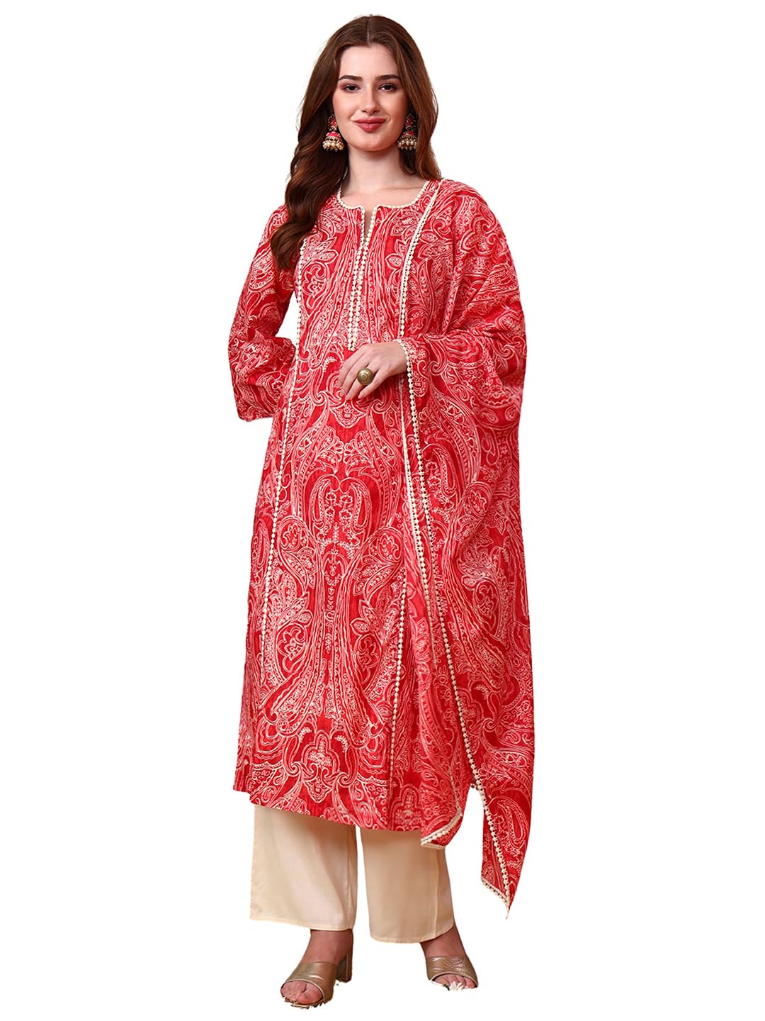 tissu Women's Cotton Slub Rust Color Zari Work Kurta Palazzo with Dupatta-picture-40