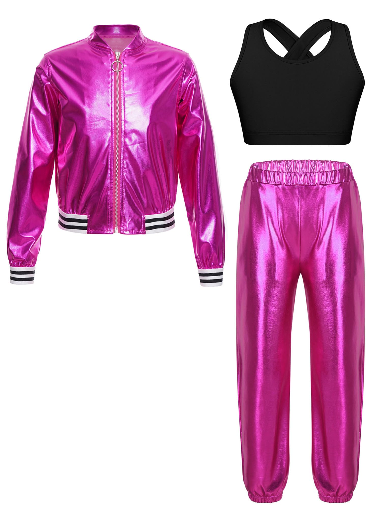 CHICTRY Tuta da Ginnastica Bambina Metallico Lucido Giacca Jacket con Zip + Reggiseno Sportivo + Pantaloni Abiti da Ballo Hip Hop Jazz Hip Hop Scintillanti