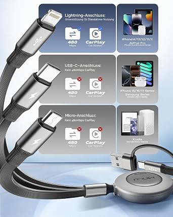 Minlu Multi USB Kabel 3 in 2 Einziehbares Ladekabel mit Datenübertragung