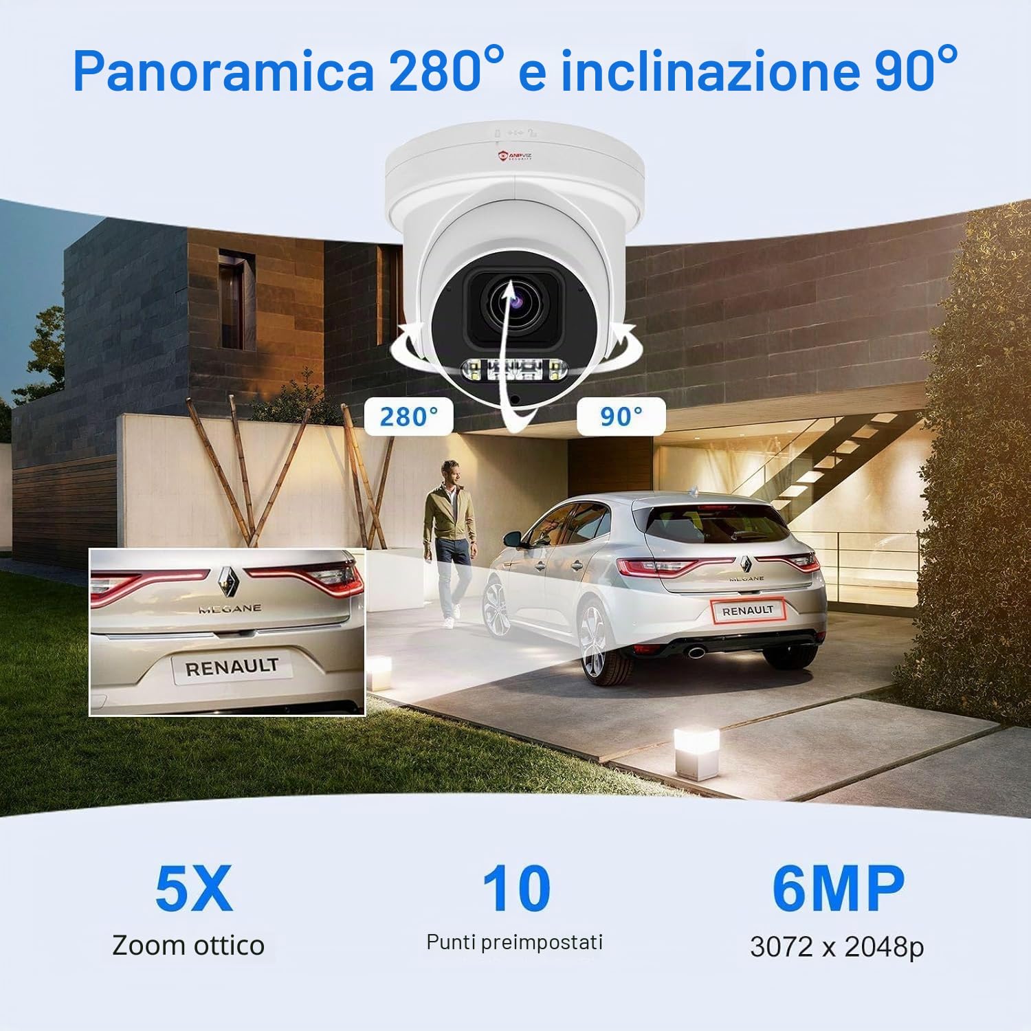 Anpviz 6MP Telecamera PTZ IP PoE Esterno, Riconoscimento di Persone/Veicoli | Zoom Ottico 5X, H 280° V 90°, 30m Visione Notturna a Infrarossi, Slot per Scheda SD da 512GB, Microfono/Altoparlante