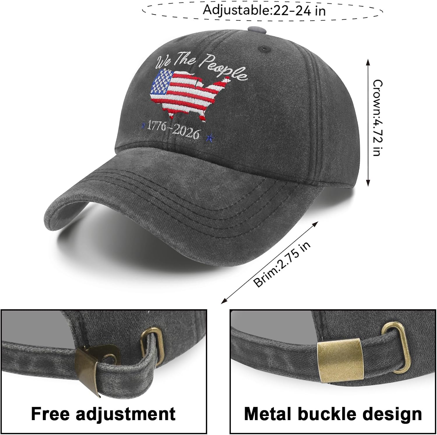 250 Anniversary USA Hat Celebrating America Birthday 1776 2026 Embroidered Letters Adjustable Cotton Baseball Cap