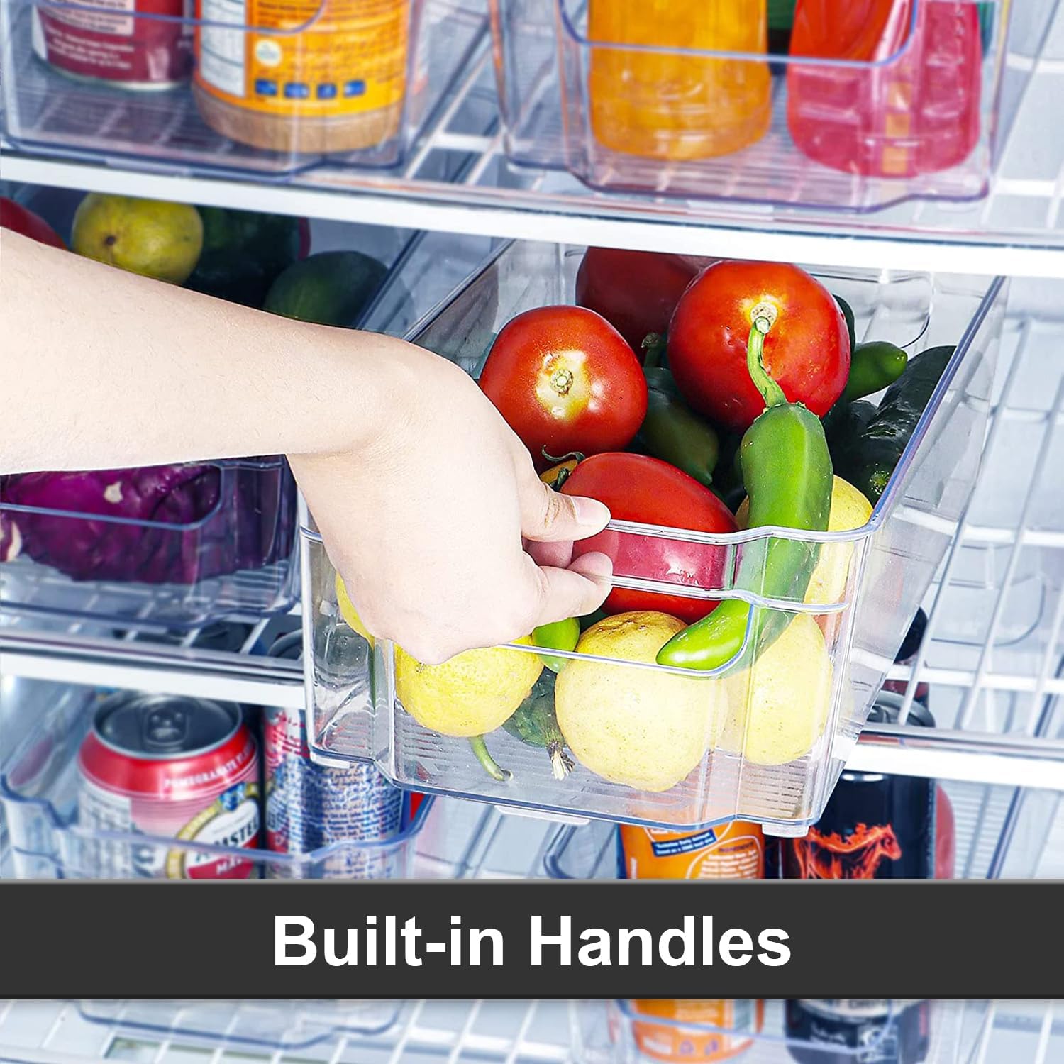 Jinamart Stackable Refrigerator Pantry Organizers with Handles, Large Fridge Bins for Freezers Kitchen Countertops Cabinets Food, BPA Free Clear Plastic Storage Racks, (14.7" Long, 8.5" W), [Set of 4]