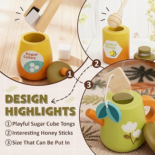 Miniatura 5 de Timber Lulu - Juego de té para niños pequeños de 3 a 5 años, juego de comida de madera para niños, juego de simulación de fiesta de té del bosque