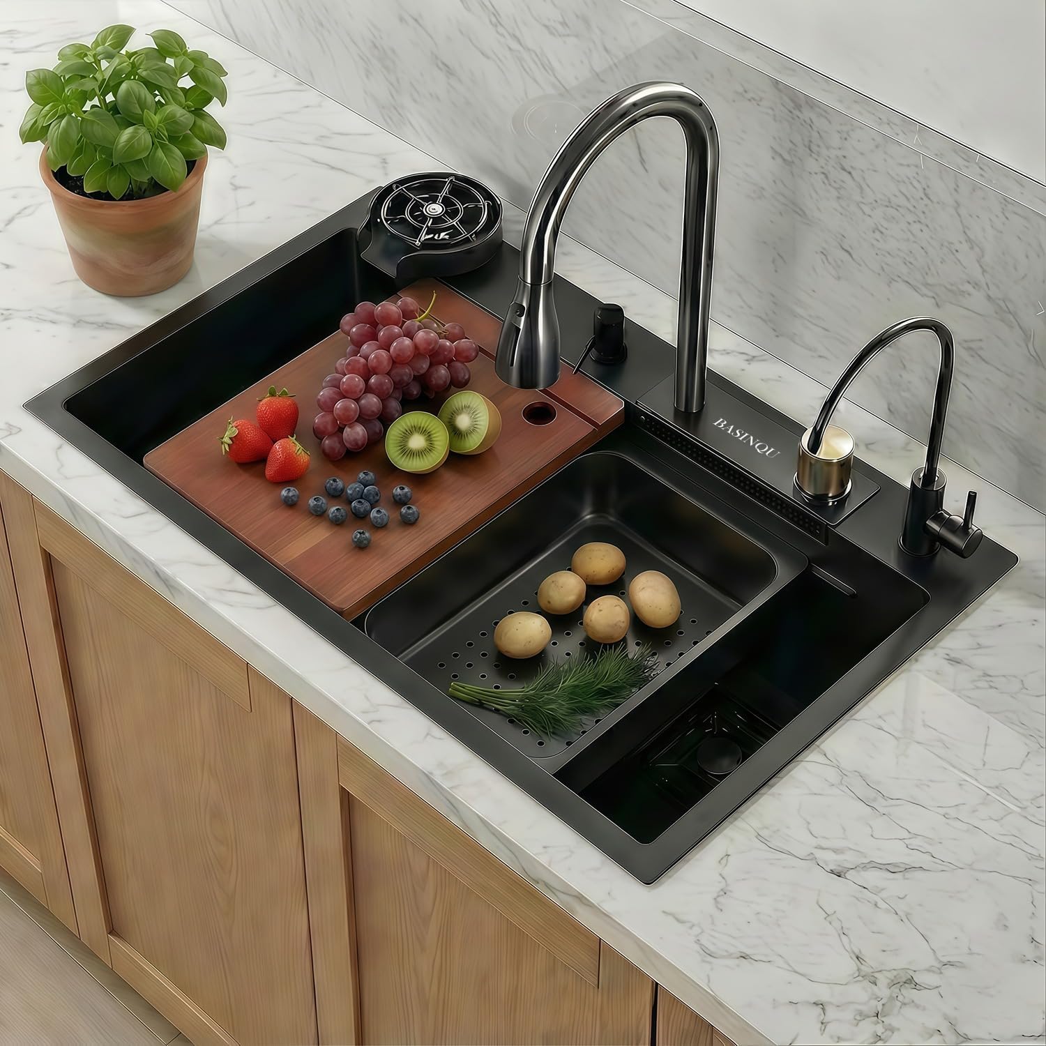 basinqu kitchen sink 24"x18"x9"inch waterfall sink 304 stainless steel sink for kitchen basin with honeycomb black finish design fully equipped waterfall integrated pull down faucet sinks