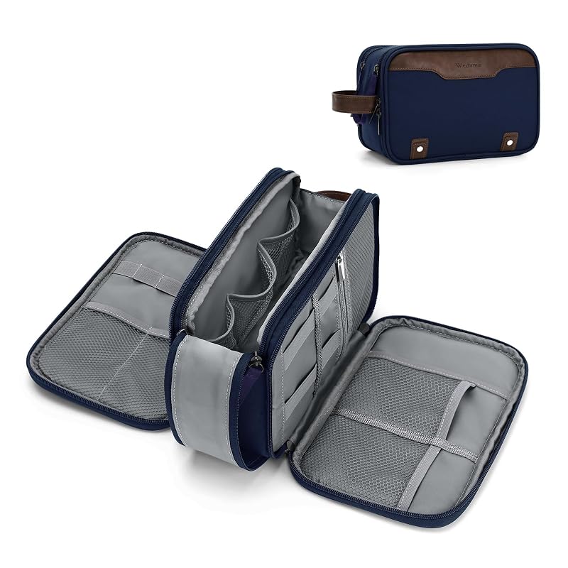 Necessaire Wedama masculina média para viagem, com compartimento para eletrônicos, zíper duplo e alça de PU, azul