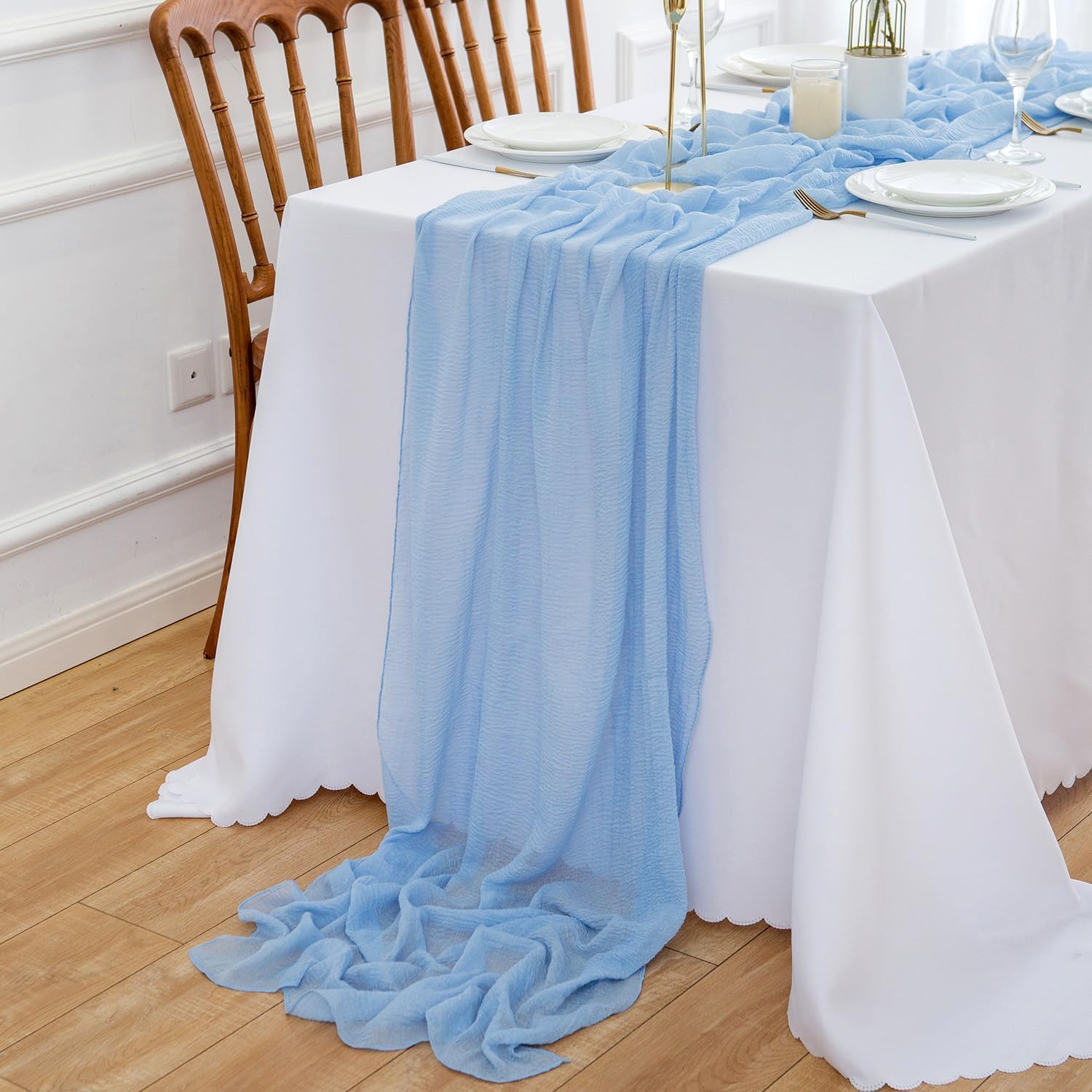 Lonimia Table Runner, Gauze Table Runner, Semi-Transparent Fabric, Elegant Gauze Decoration, Cheesecloth, Washable, Wedding, Vintage, Birthday, Baby Shower Decoration,90 x 400 cm (Blue)