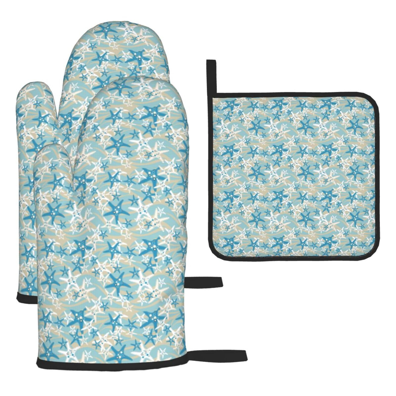 Beautiful Starfish Print Oven Set Kitchen Gloves Baking Grilling Microwaving Cooking Gift Everyday Holiday
