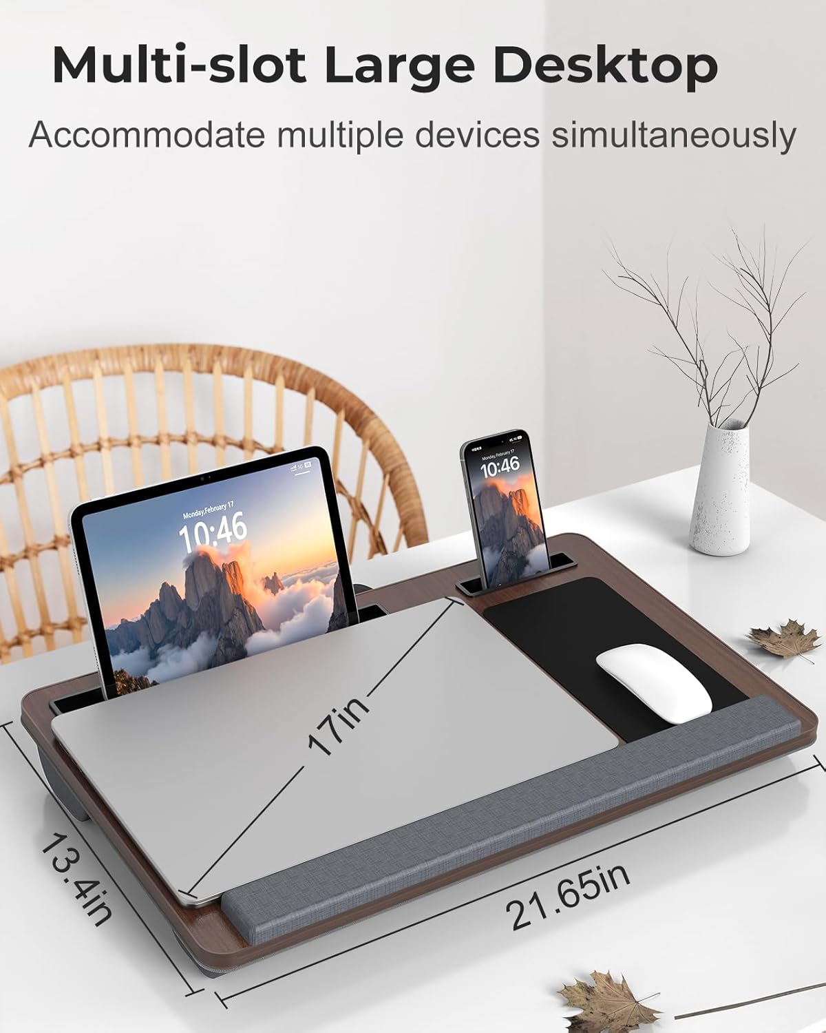 Potuopy Lap Desk - Up to 17” Laptop Tray with Wrist Rest, Portable Handle, Fixed Mouse Pad, Tablet & Phone Slots, Laptop Lap Desk with Cushion (Dark Brown)
