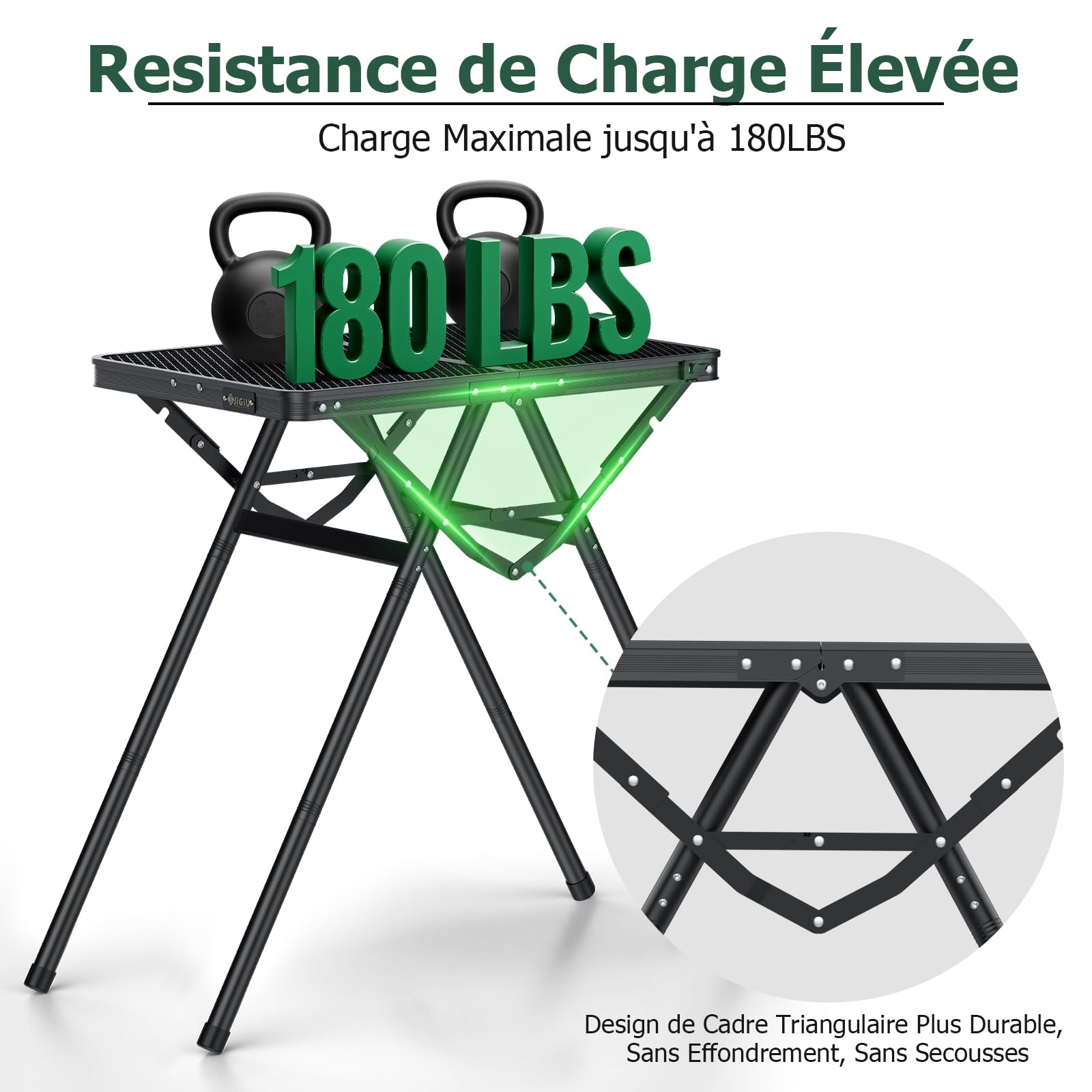 JiGiU Table de Camping Pliante 60x40x24,5/47,7/71 cm, 3 Hauteurs Réglables | Structure X Stable, Plateau en Grille Métallique, Table de Pique-Nique Portable pour Jardin, Terrasse, BBQ- Noir