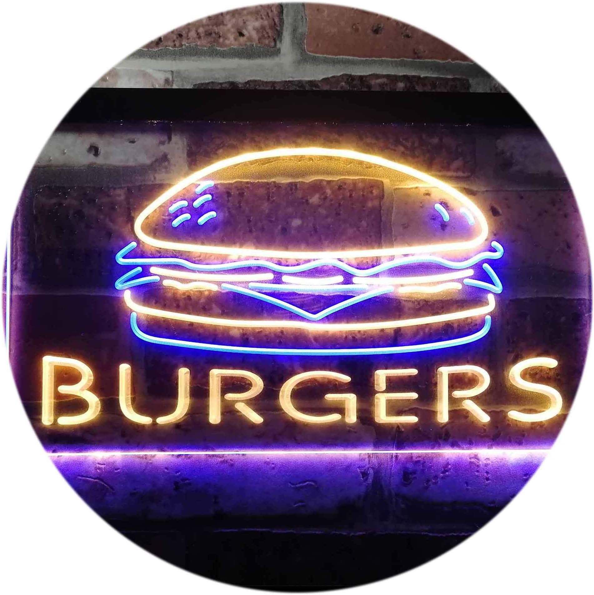 Hamburgers Burgers Fast Food Shop Open Dual Color LED Neon Sign Blue & Yellow 600 x 400mm st6s64-i3149-by